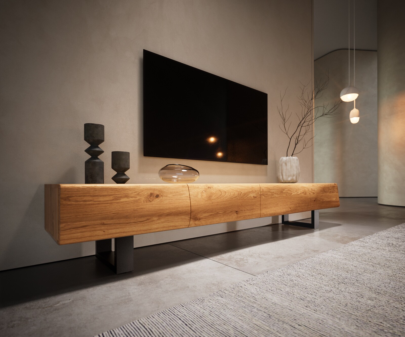 Meuble-TV New Live-Edge 200 cm chêne naturel 4 portes patins métal noir 4
