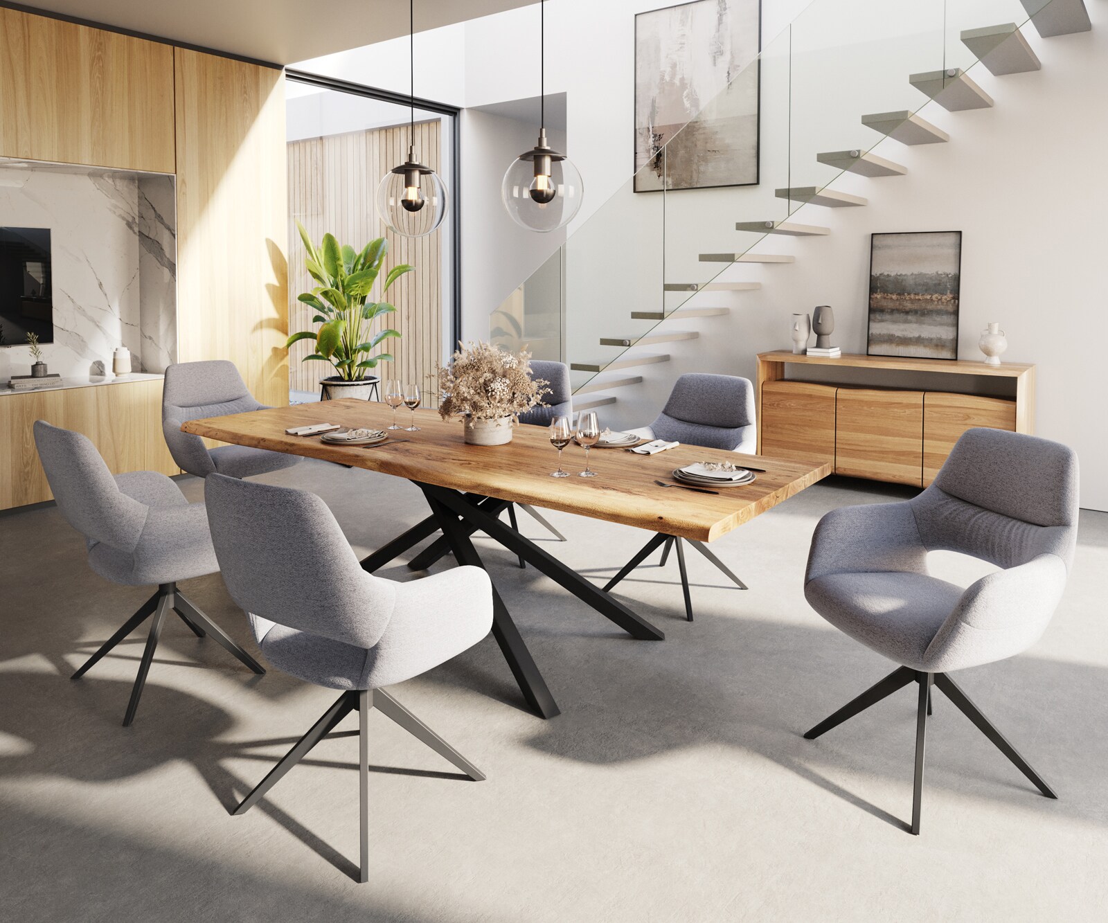 Esszimmerstuhl Yago-Flex mit Armlehnen Strukturstoff Hellgrau Kreuzgestell breit Schwarz Taschenfederkern 3 Esszimmerstuhl Yago-Flex mit Armlehnen Strukturstoff Hellgrau Kreuzgestell breit Schwarz Taschenfederkern 3