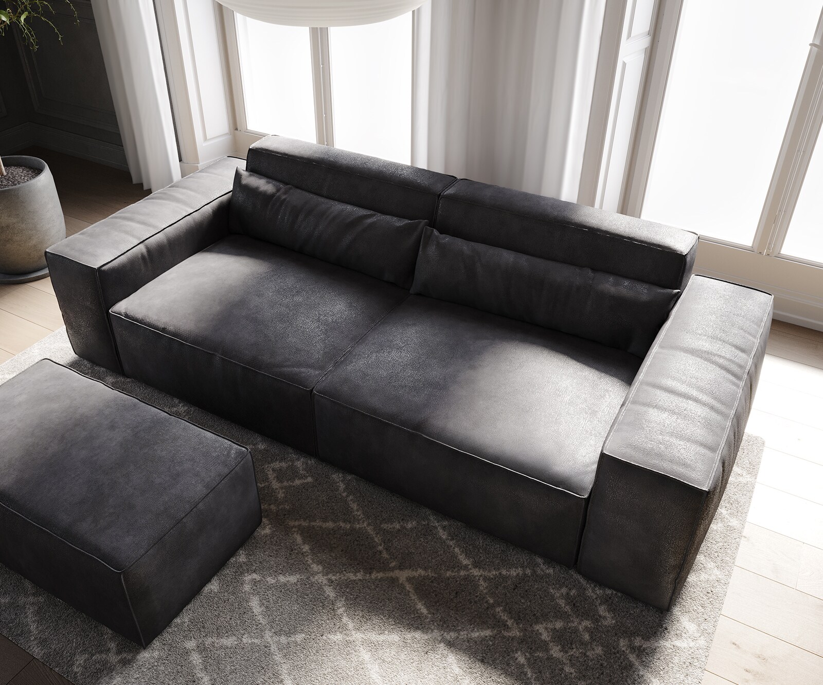 Big-Sofa Sirpio 230x90 cm Lederimitat Vintage Anthrazit  mit Hocker 3