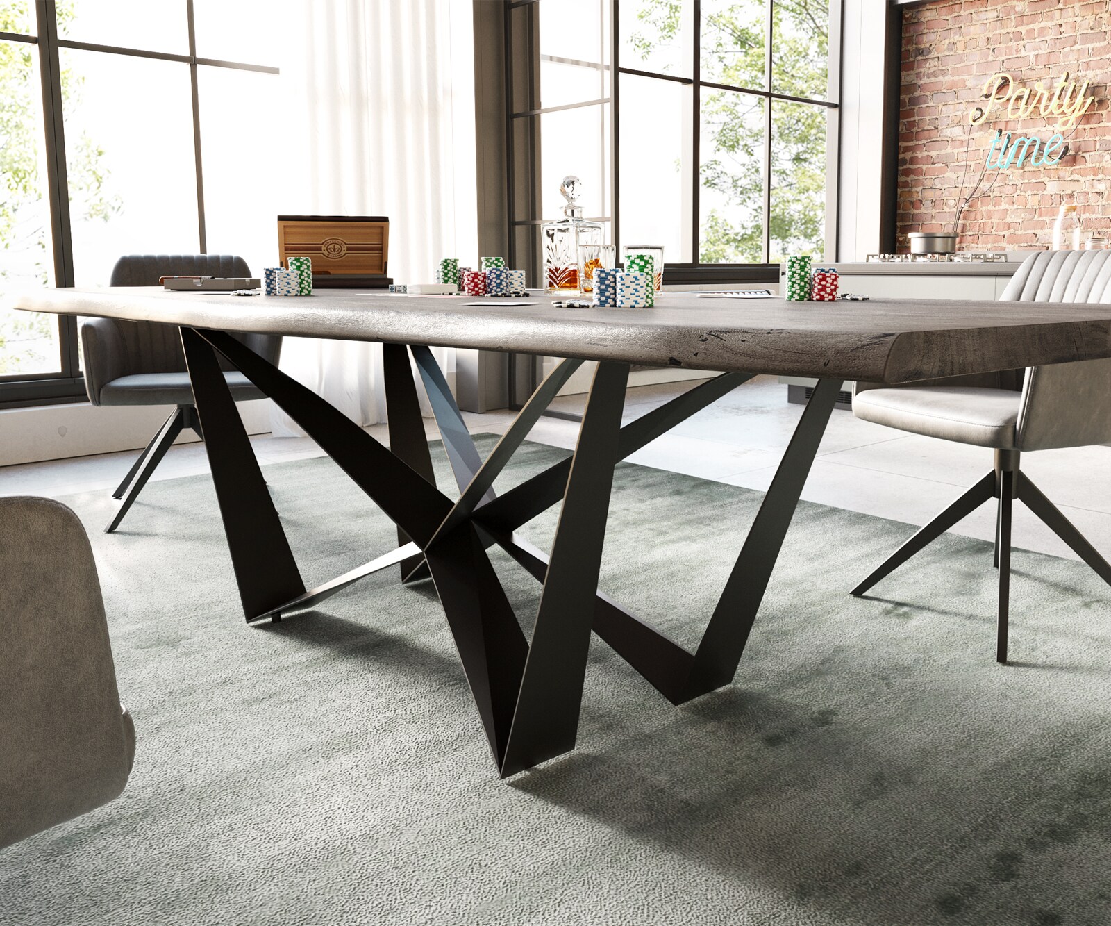 Esstisch Edge 260x100 Akazie Platin Spider Flachstahl Schwarz Live-Edge 4