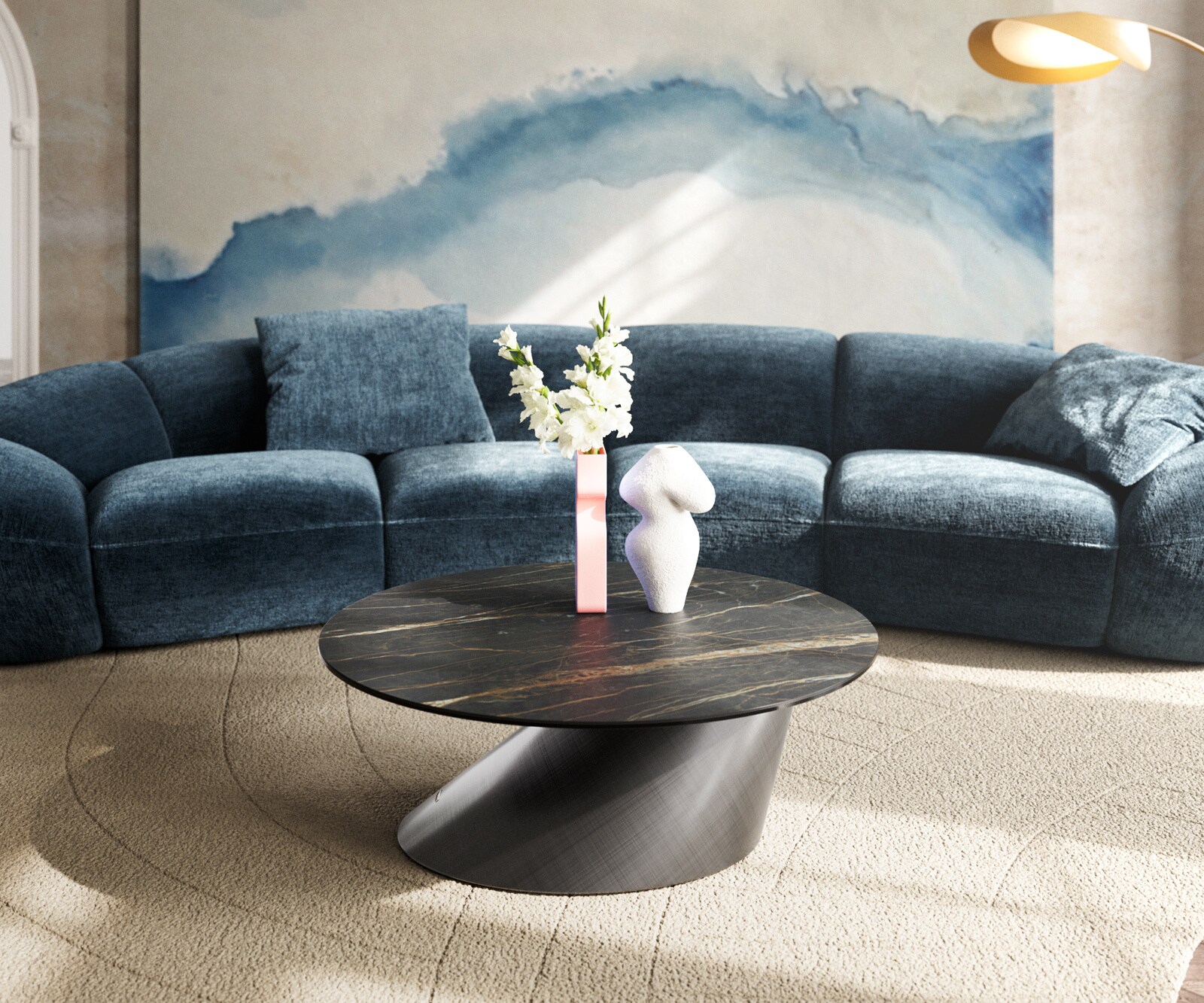 Couchtisch Edge Rund 90x90 cm Keramik Laminam® Noir Desir Braun Conis Metallic Silber 2