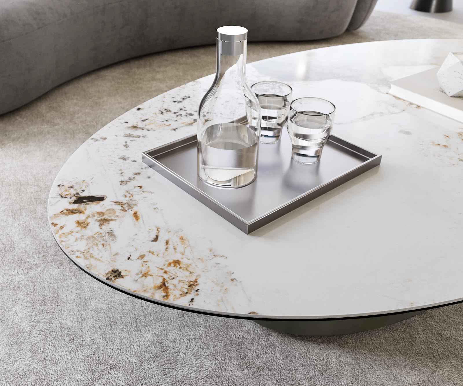 Table-basse Casilda 150x90 cm céramique Minas Melange blanc-beige pied central Finition à effet titane 7