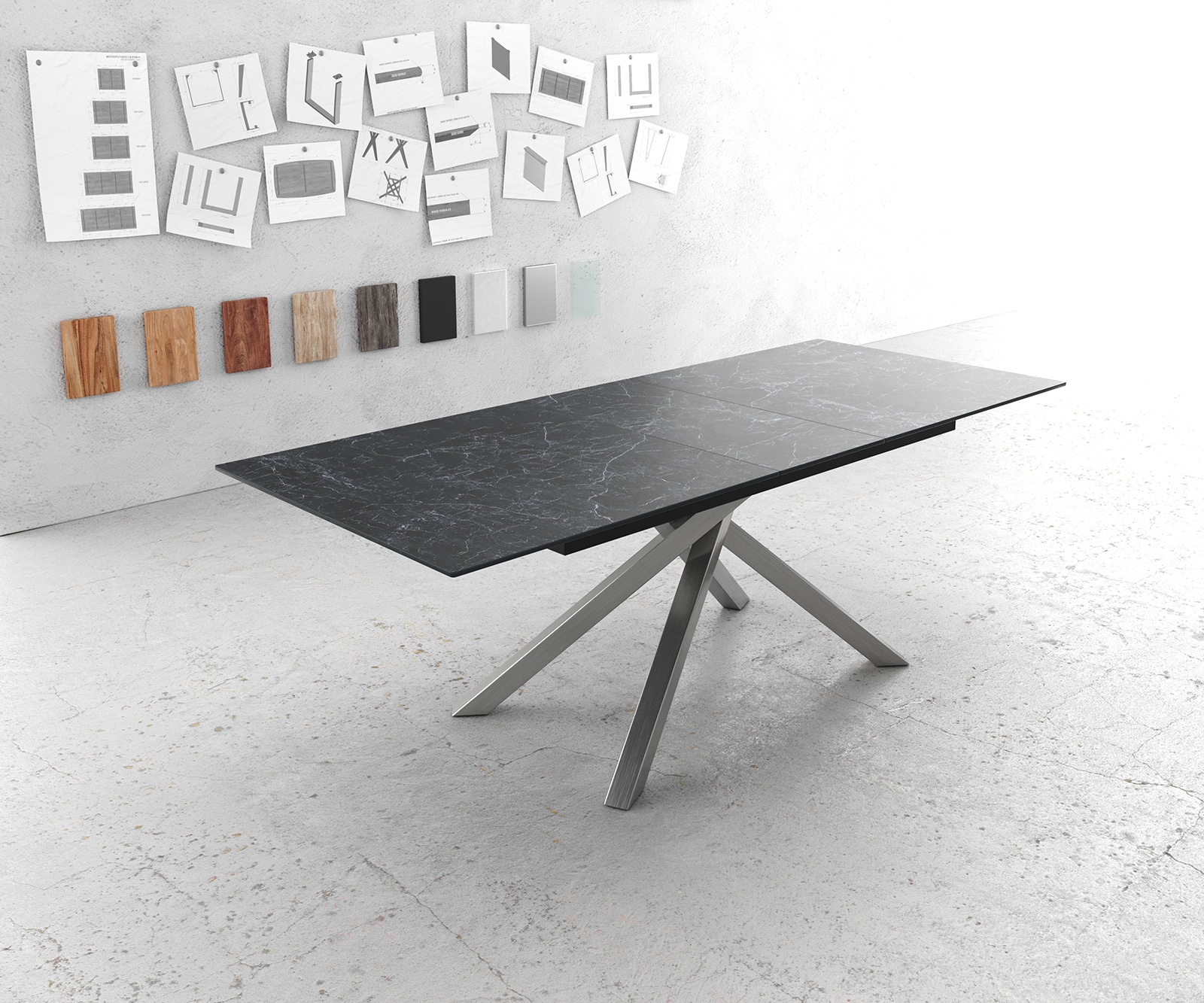 Esstisch Edge 180-220x90cm Keramik Laminam®Nero Greco Anthrazit Kreuzgestell Rechteck Edelstahl ausziehbar Esstisch Edge 180-220x90cm Keramik Laminam®Nero Greco Anthrazit Kreuzgestell Rechteck Edelstahl ausziehbar