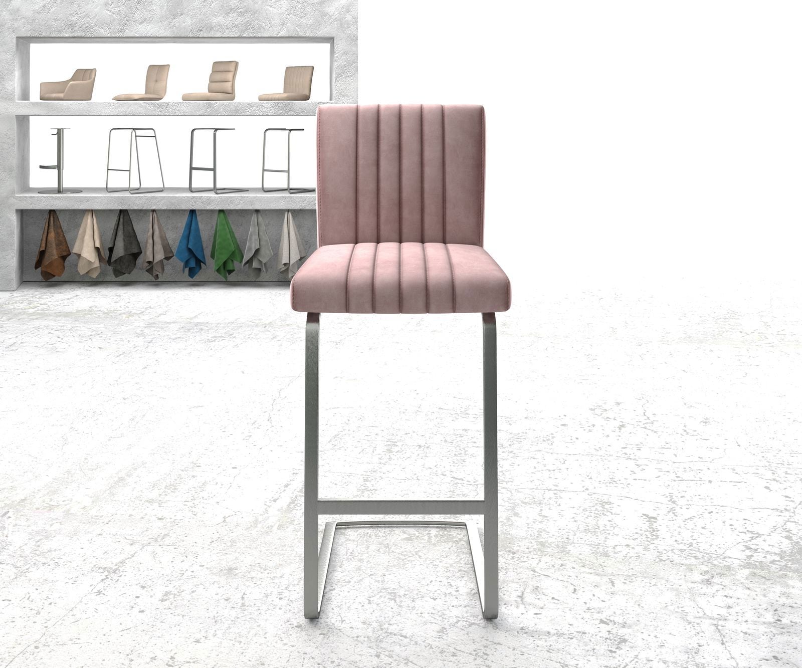 Barstuhl Luiga-Flex Samt Rosé Freischwinger flach Edelstahl 1 Barstuhl Luiga-Flex Samt Rosé Freischwinger flach Edelstahl 1