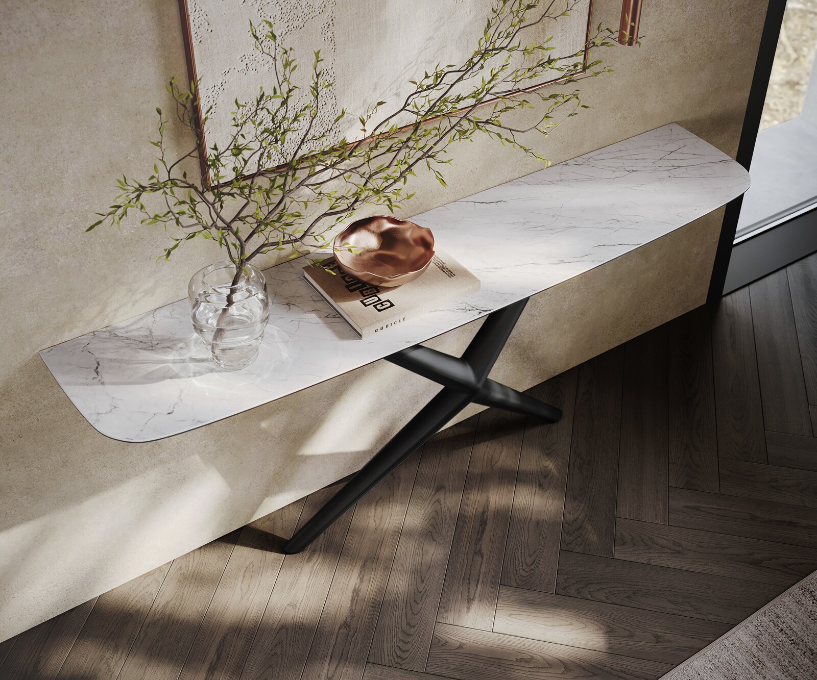 Console Edge forme bateau 180x40 cm Céramique Laminam® Statuarietto Weiß Estelo Métal Noir 1