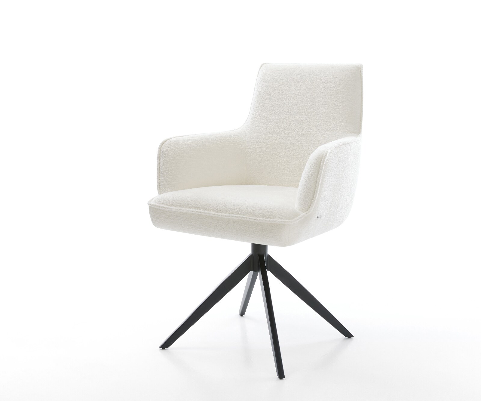 Drehstuhl Heira-Flex mit Armlehnen Bouclé Soft Beige Kreuzgestell breit Schwarz 360° drehbar Wippfunktion Taschenfederkern