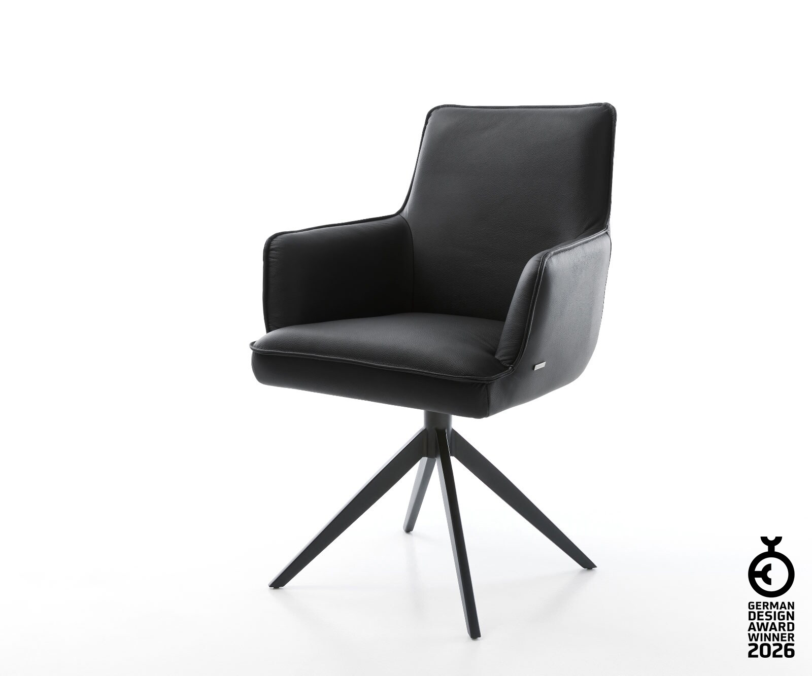 Drehstuhl Heira-Flex mit Armlehnen Echt-Leder Schwarz Kreuzgestell breit Schwarz 360° drehbar Wippfunktion Taschenfederkern