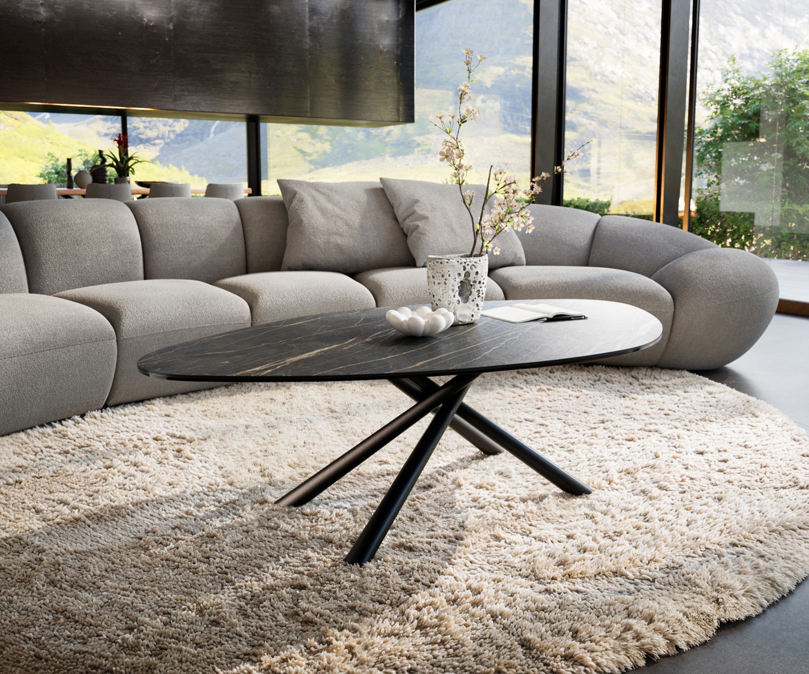 Table basse Edge Organique 140x76 cm céramique Laminam® Noir Desir brun Sarity métal noir 1