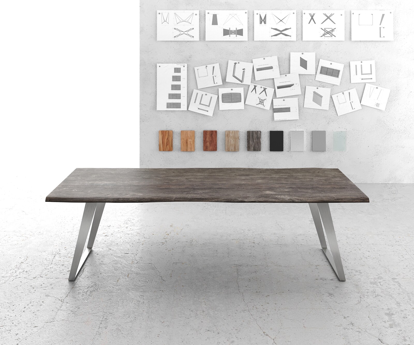 Esstisch Edge 260x100cm Akazie Platin Edelstahl Silber schräg Live-Edge 2