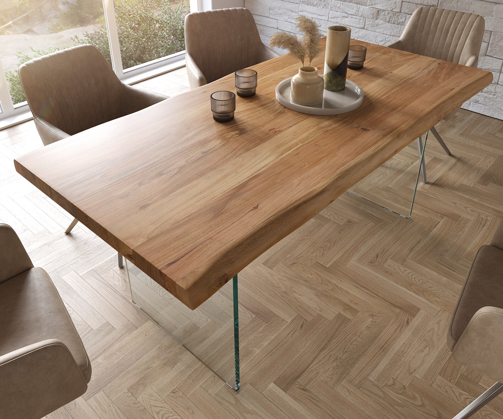 Table à manger Edge 180x90 XL acacia nature verre Live-Edge 3