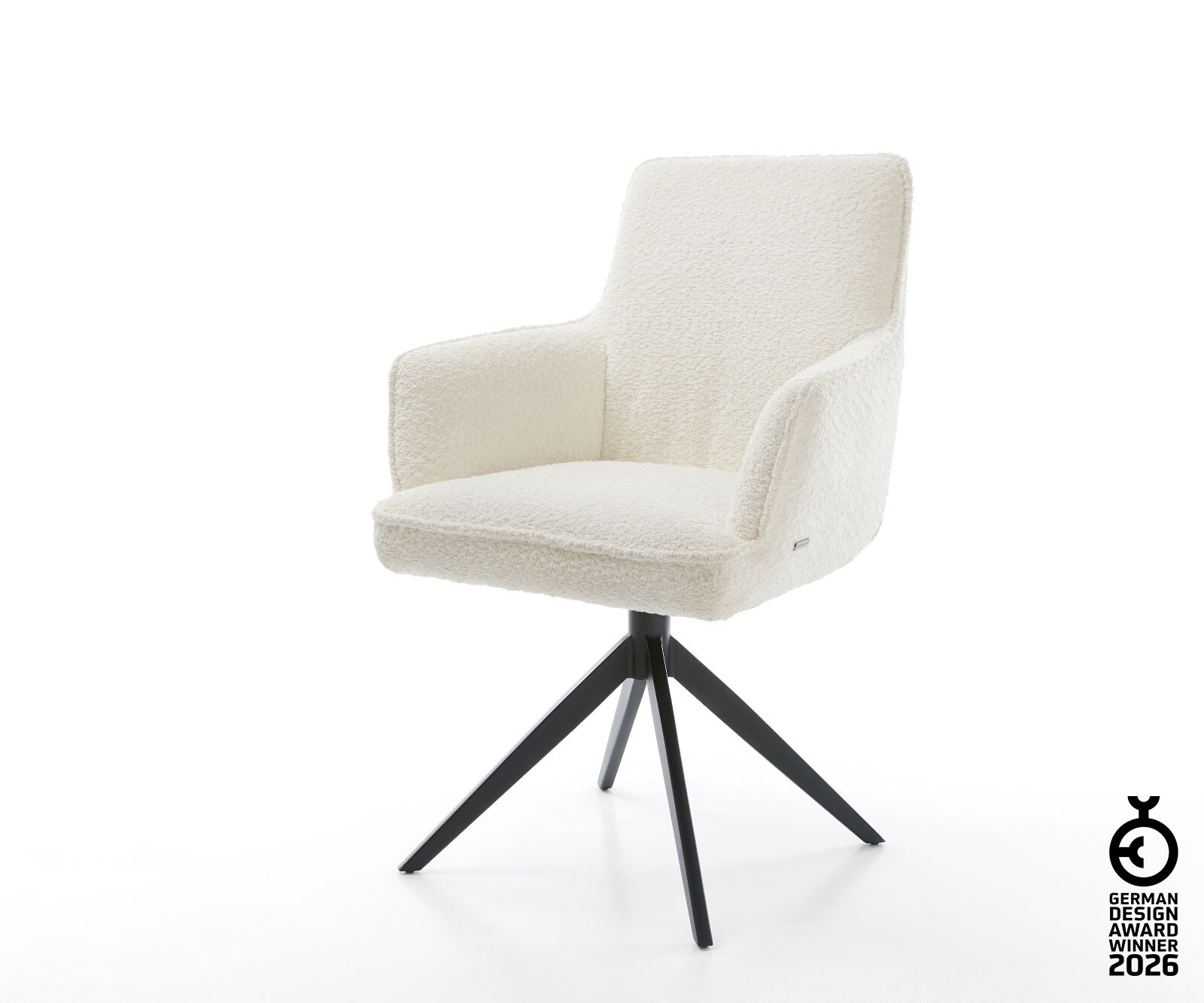 Drehstuhl Heira-Flex mit Armlehnen Bouclé Weiß Kreuzgestell breit Schwarz 360° drehbar Wippfunktion Taschenfederkern