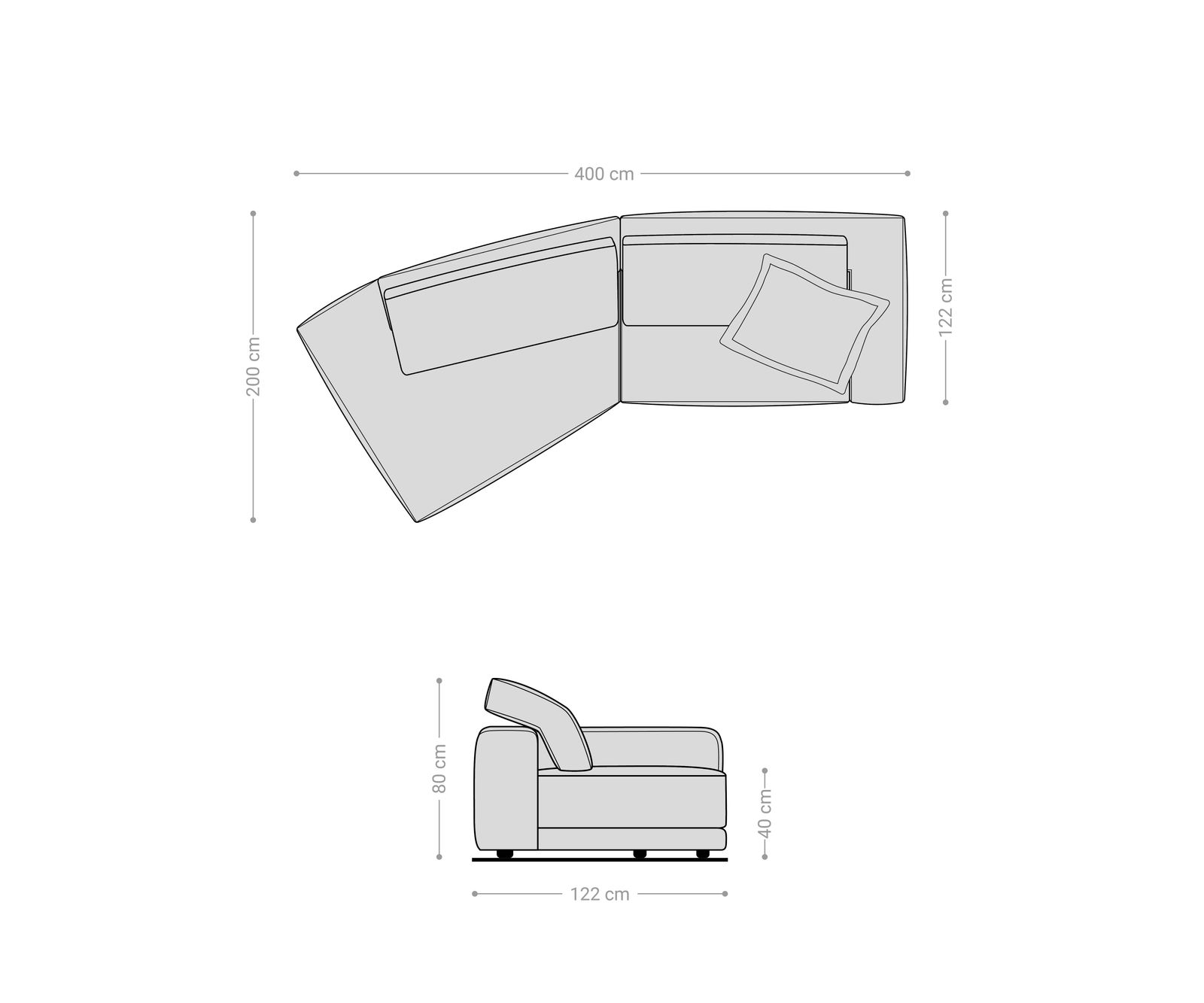 Big-Sofa Snoosh 400x150 cm Strukturstoff Soft Grau Recamiere links 8