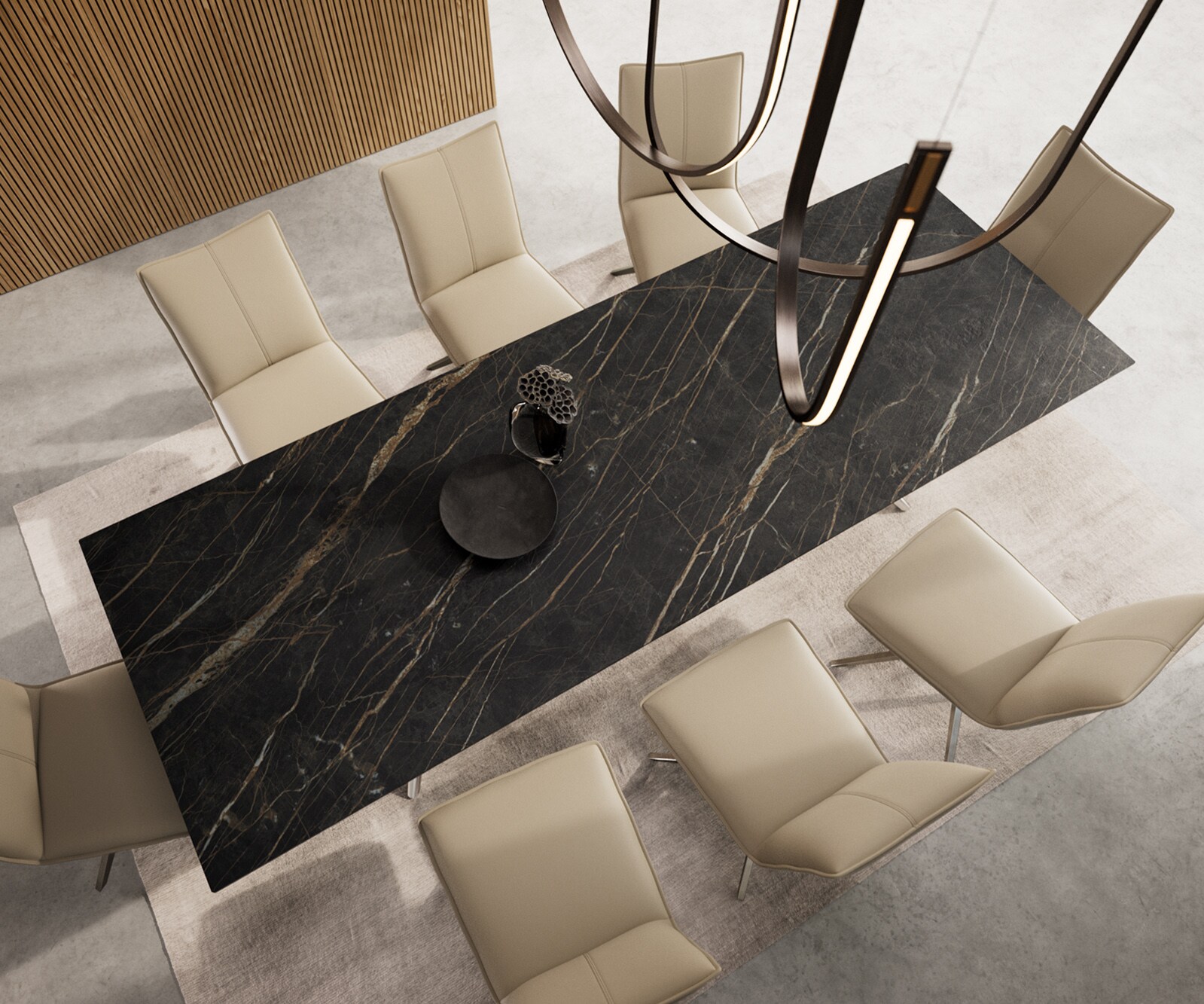 Esstisch Edge 300x100 Keramik Laminam®Noir Desir Braun Estelar rund Edelstahl 5