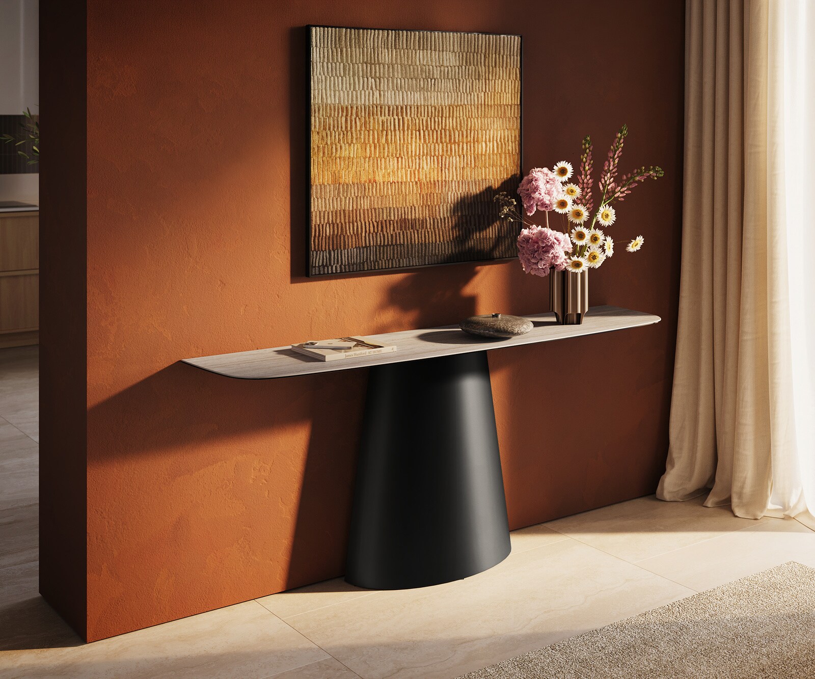 Console Edge forme bateau 180x40 cm Céramique Laminam® Travertino Bianco Creme-Weiß Conos Métal Noir