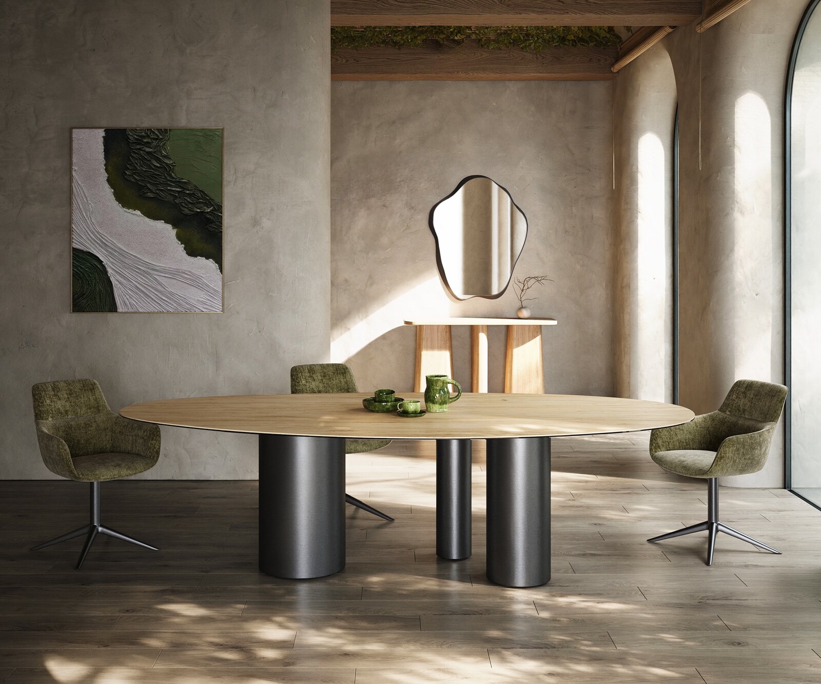 Esstisch Edge Oval 280x130 Keramik Laminam® Sabbia Eichefarbig Troa Edelstahl Graphit 1