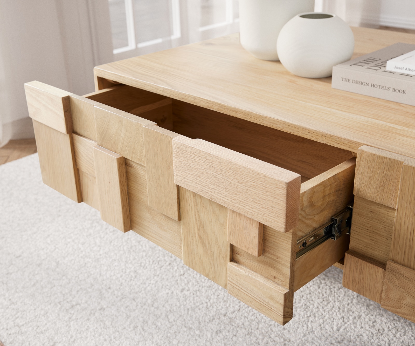 Couchtisch Puzzle 120 cm 4 Schubfächer Eiche Natur Fuß schwebend Metall schwarz 4 Couchtisch Puzzle 120 cm 4 Schubfächer Eiche Natur Fuß schwebend Metall schwarz 4