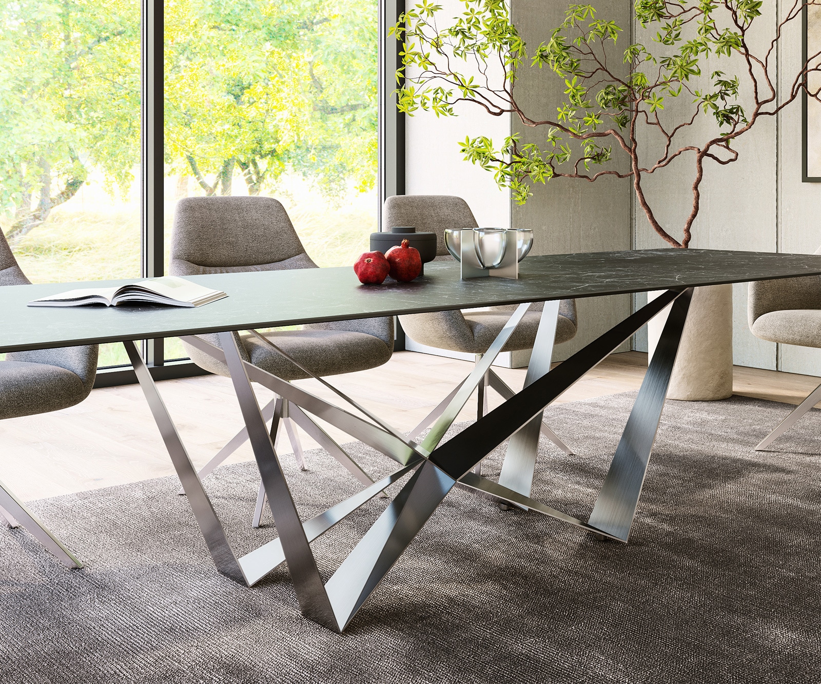 Table-à-manger Edge 300x100cm Laminam® céramique gris pieds milieu acier plat argent 6 Table-à-manger Edge 300x100cm Laminam® céramique gris pieds milieu acier plat argent 6