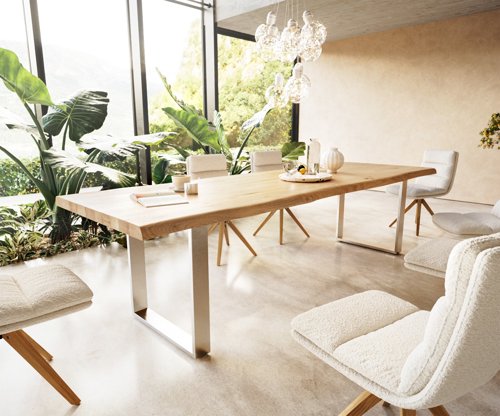 Esstisch Edge 300x100 Eiche Natur Edelstahl Schmal Live-Edge 1