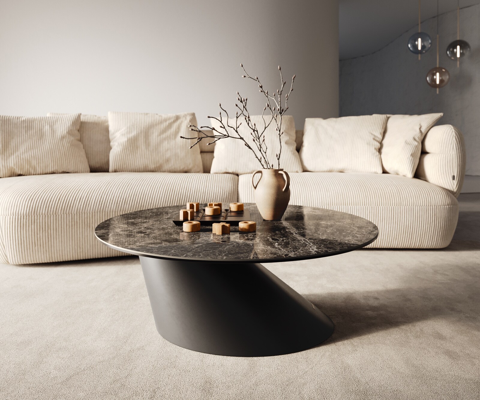 Couchtisch Edge Rund 90x90 cm Keramik Emperador Extra Lucidato Dunkelbraun Conis Metall Schwarz 6