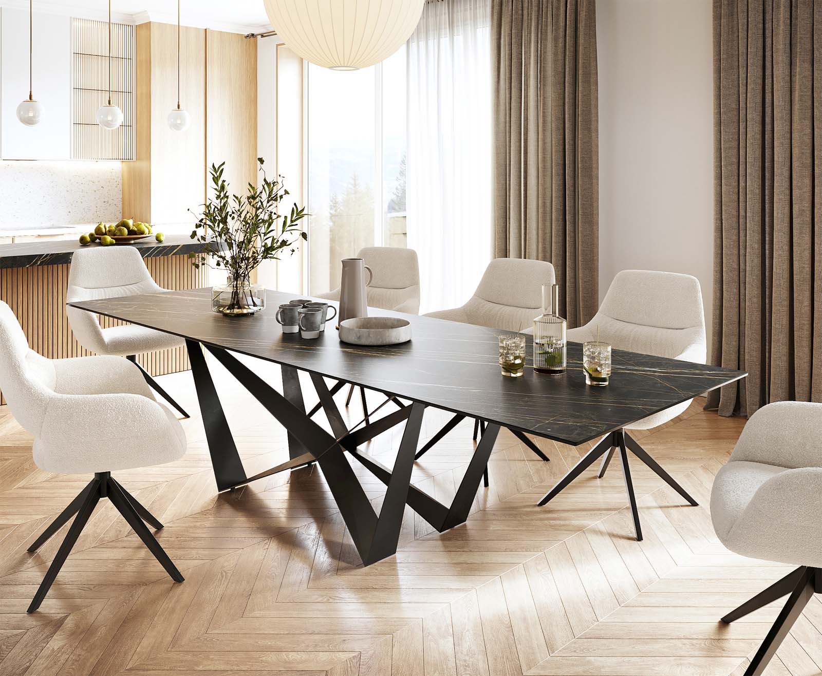 Table-à-manger Edge 300x100cm Laminam® céramique marron pieds milieu acier plat noir Table-à-manger Edge 300x100cm Laminam® céramique marron pieds milieu acier plat noir