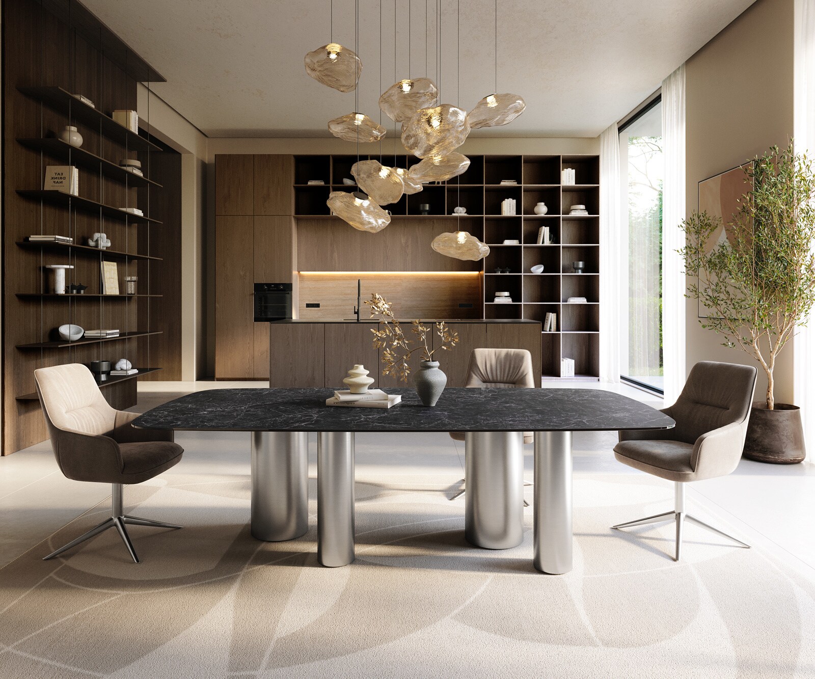 Esstisch Edge Boot 240x120 cm Keramik Laminam® Nero Greco Anthrazit Pilier Edelstahl gebürstet 1