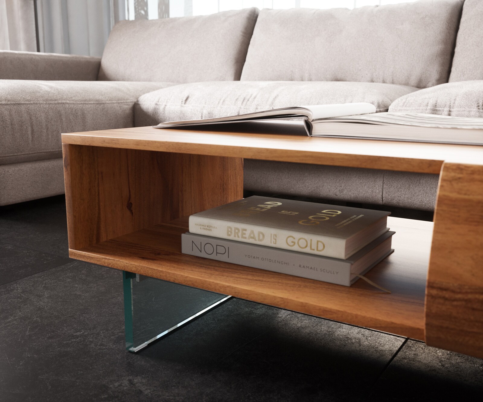 Couchtisch New Live-Edge 115x60 cm Akazie Natur 2 Schubladen 1 Fach Glasfuß schwebend 4