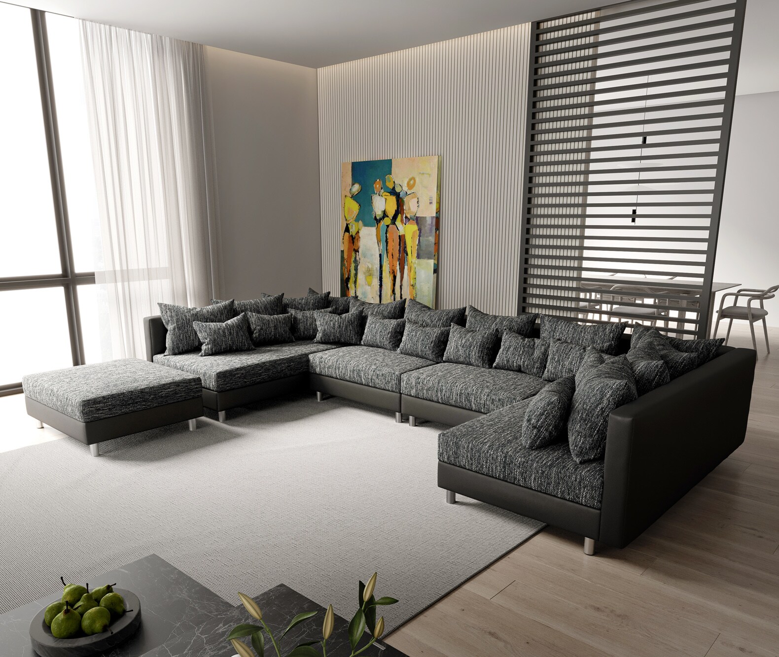 Canapé-Panoramique Clovis XL Canapé modulable noir avec tabouret  1