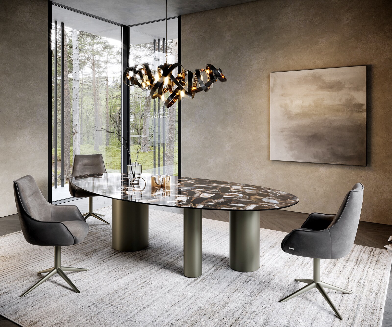 Esstisch Edge Oval 280x130 Keramik Iris FMG Agatablack Troa Metall Effektfinish Titan 4