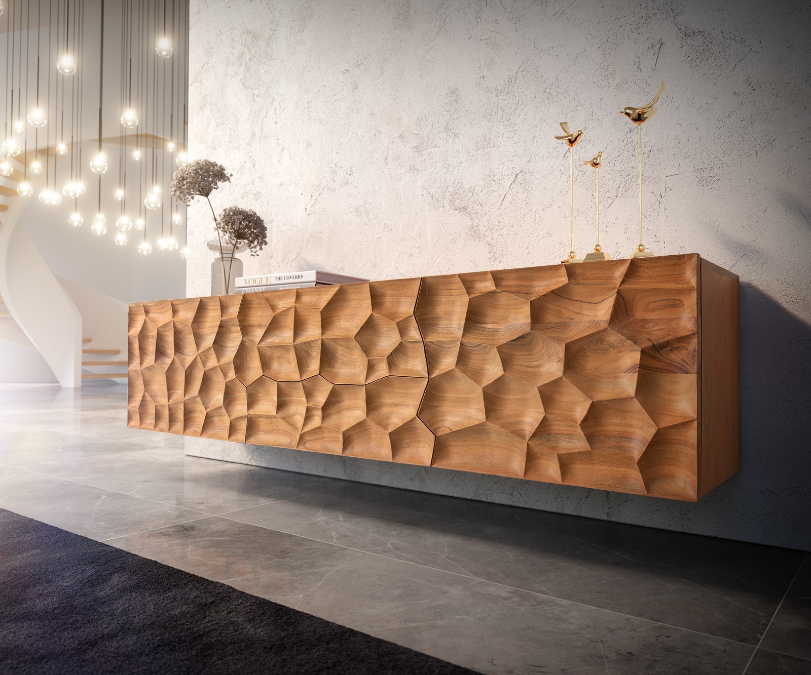 Lowboard Solu 175 cm Akazie Natur 2 Türen 2 Schübe schwebend 3D-Front Lowboard Solu 175 cm Akazie Natur 2 Türen 2 Schübe schwebend 3D-Front