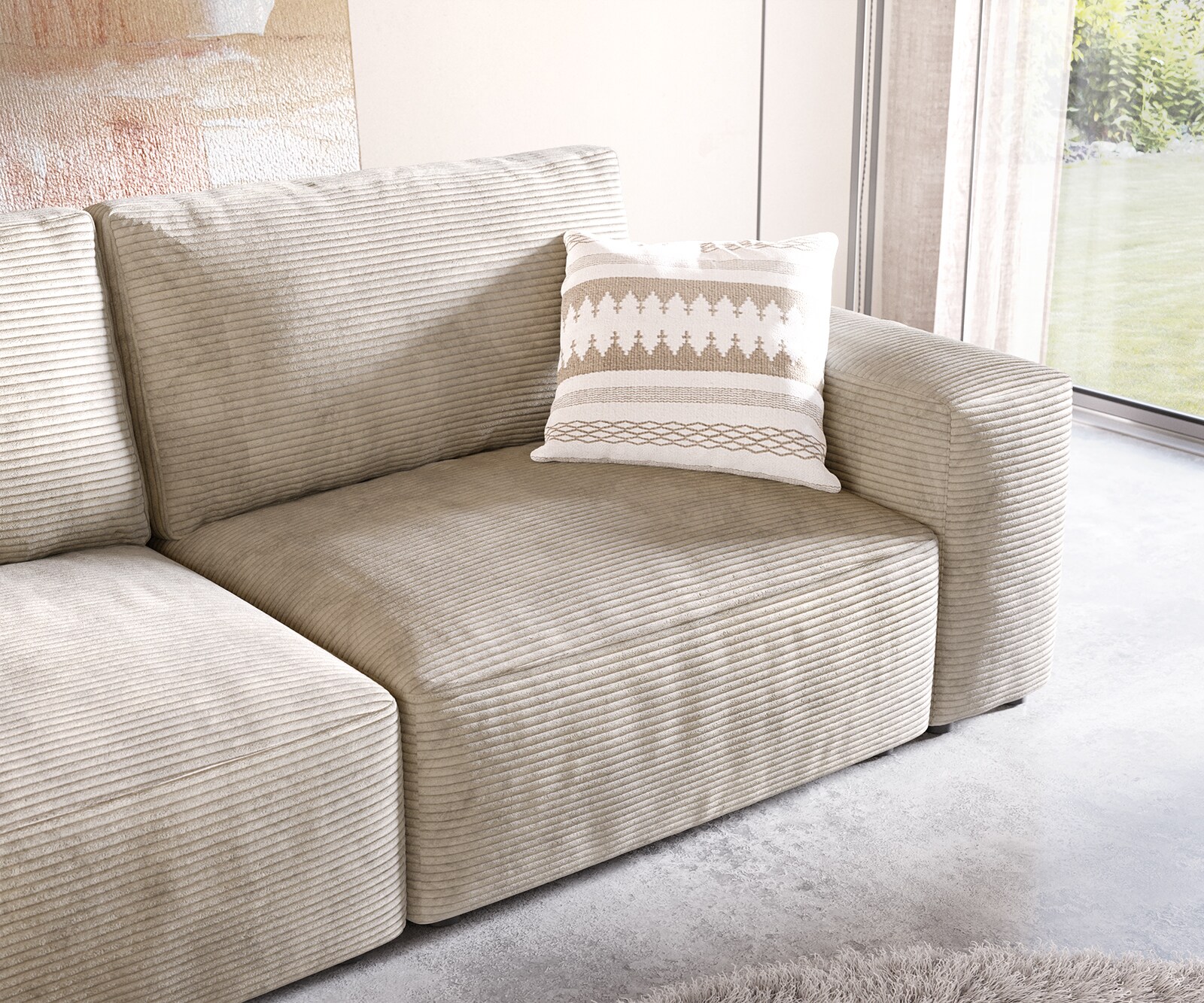 Big canapé Lanzo 230x95 cm velours côtelé beige avec pouf 5