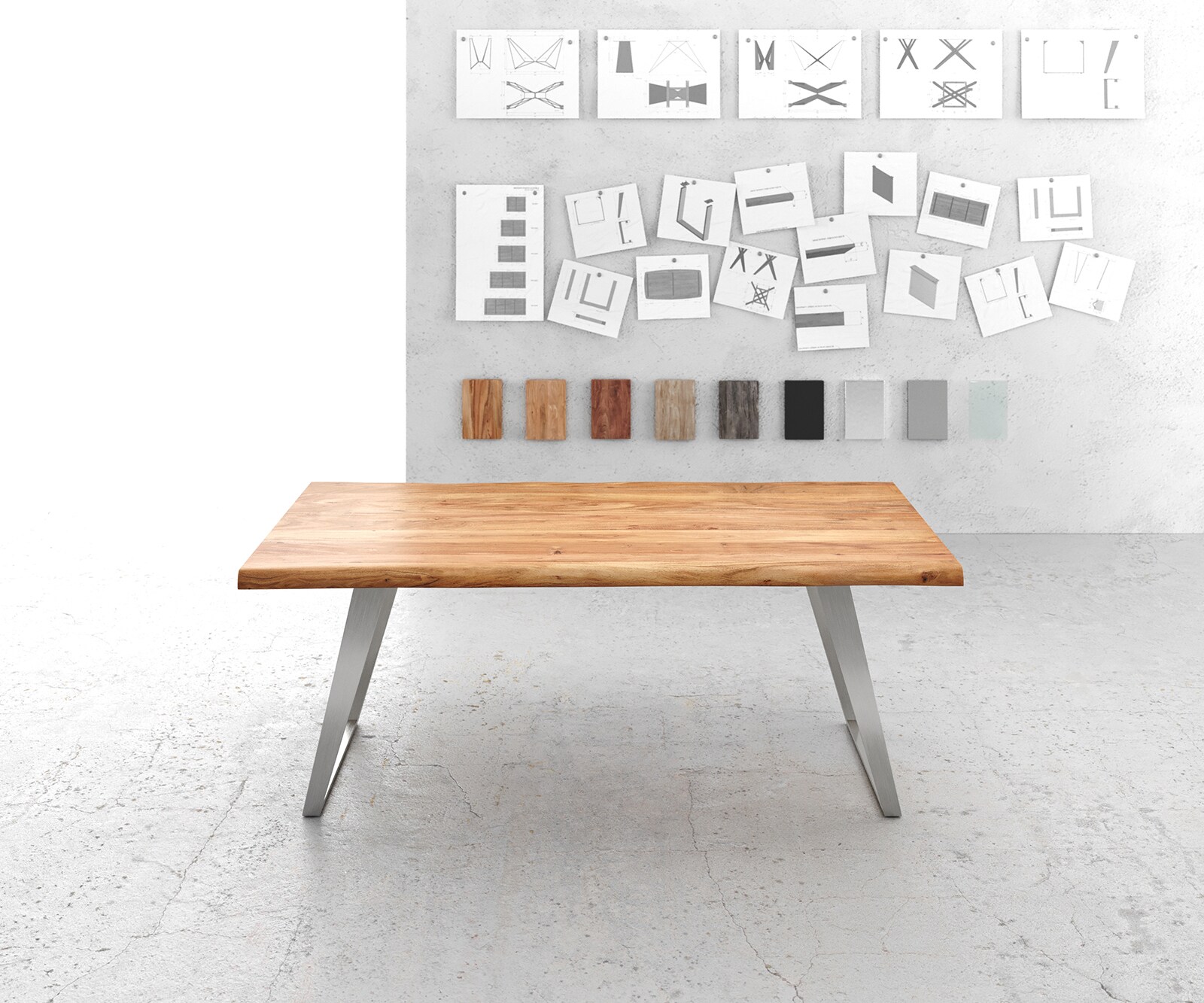Esstisch Edge 200x100cm XL Akazie Natur Edelstahl Silber schräg Live-Edge 2