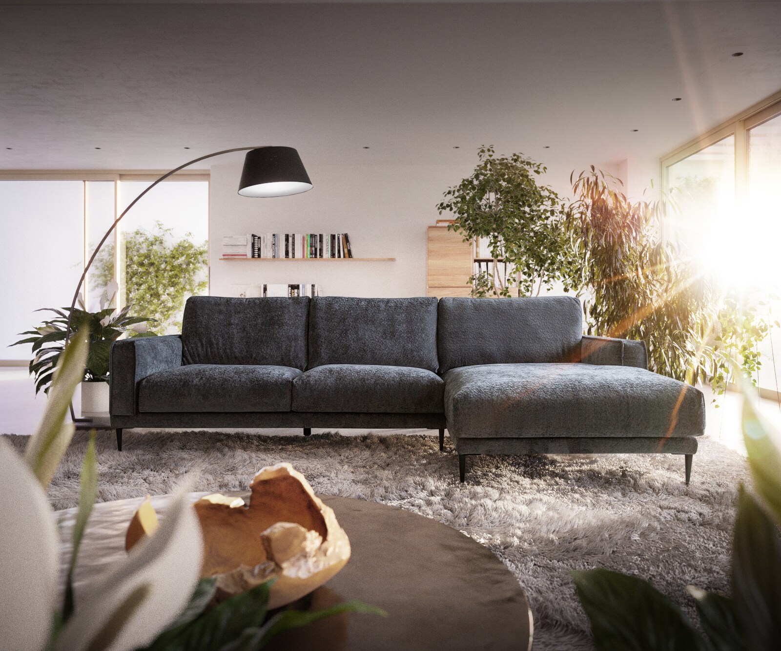 Canapé-d'angle Sottil 290 x 165cm chenille gris Recamière droite 1