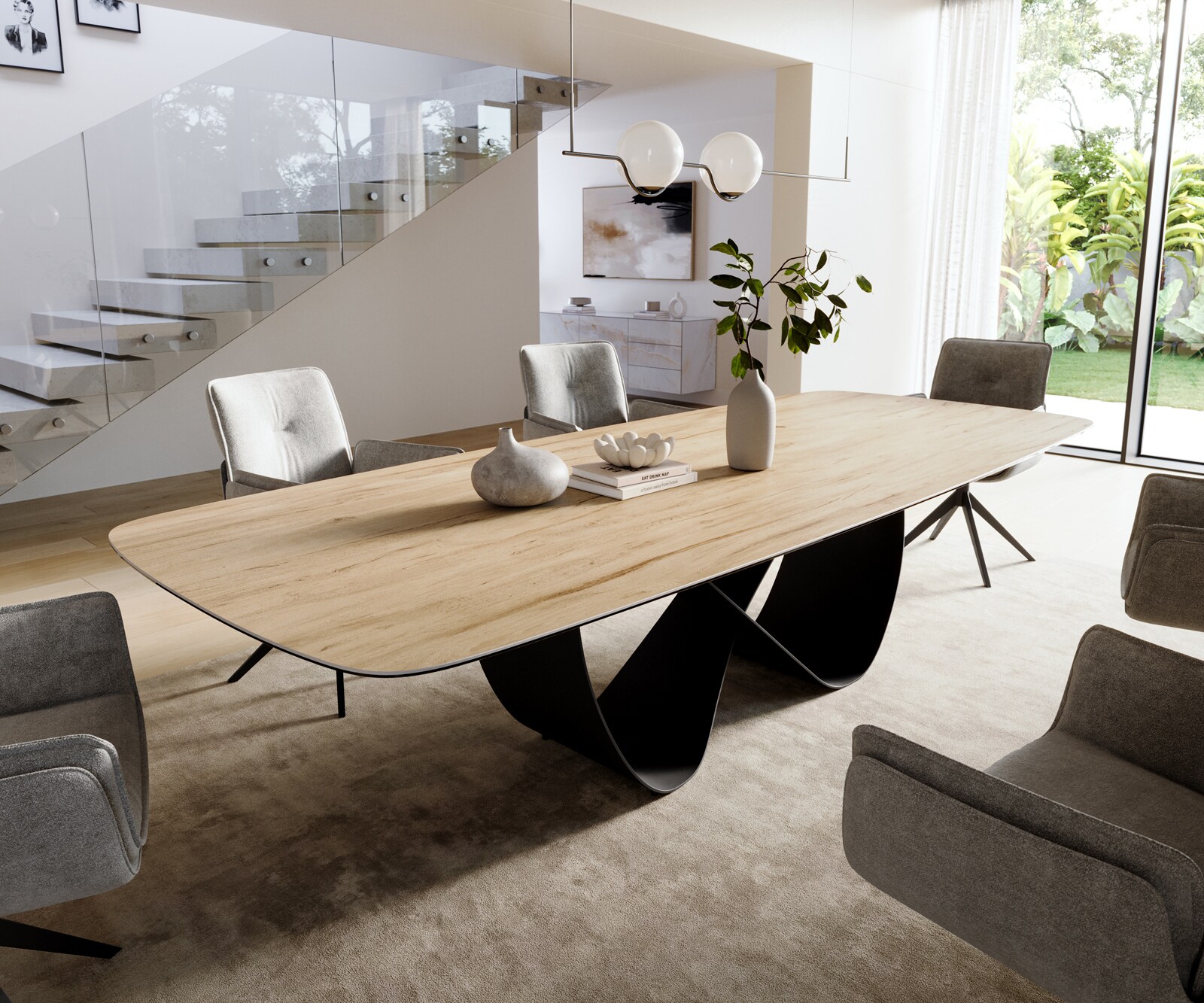 Esstisch Edge Boot 300x120 cm Keramik Laminam® Sabbia Eichefarbig Infinity Metall Schwarz 1