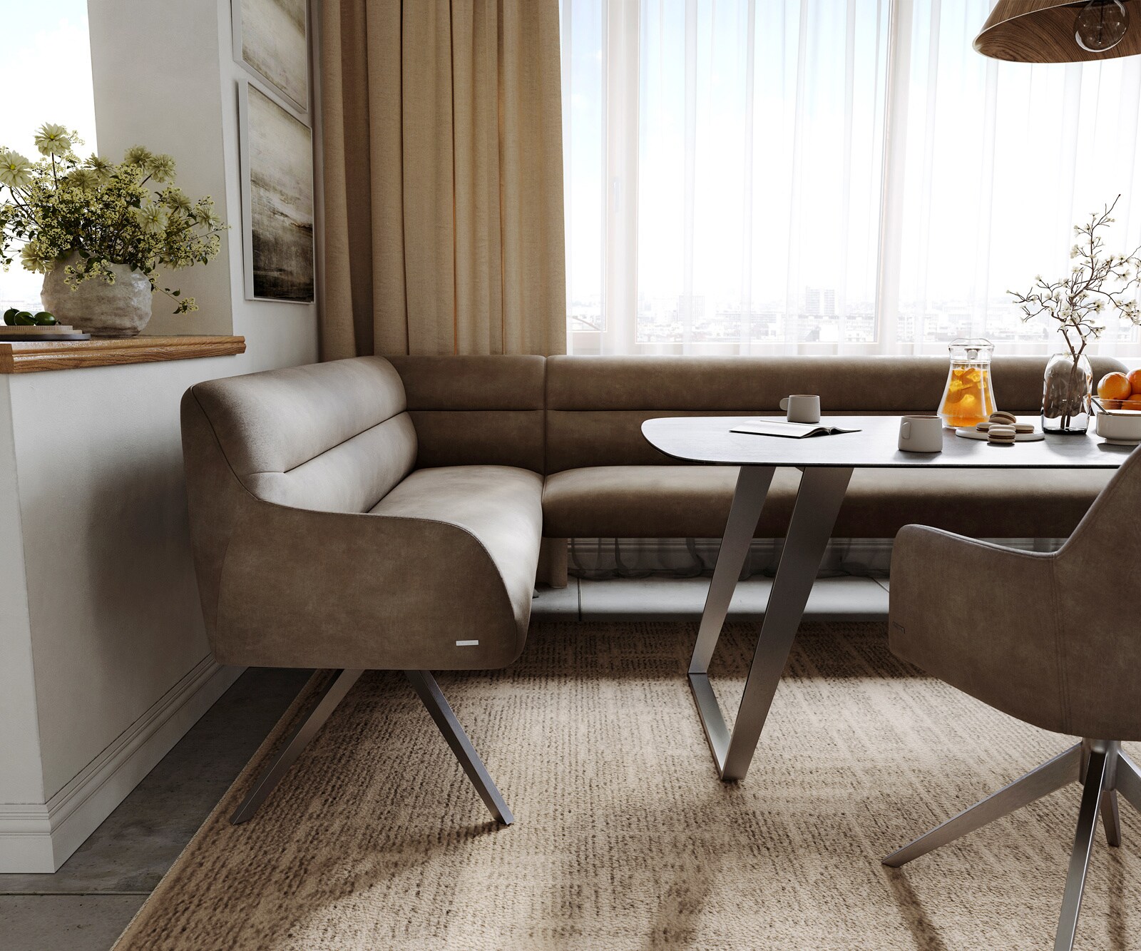 Esszimmerbank Taya-Flex 285x190 cm Mikrofaser Taupe Vintage Kreuzgestell kantig Graphit Taschenfederkern Rechts 4