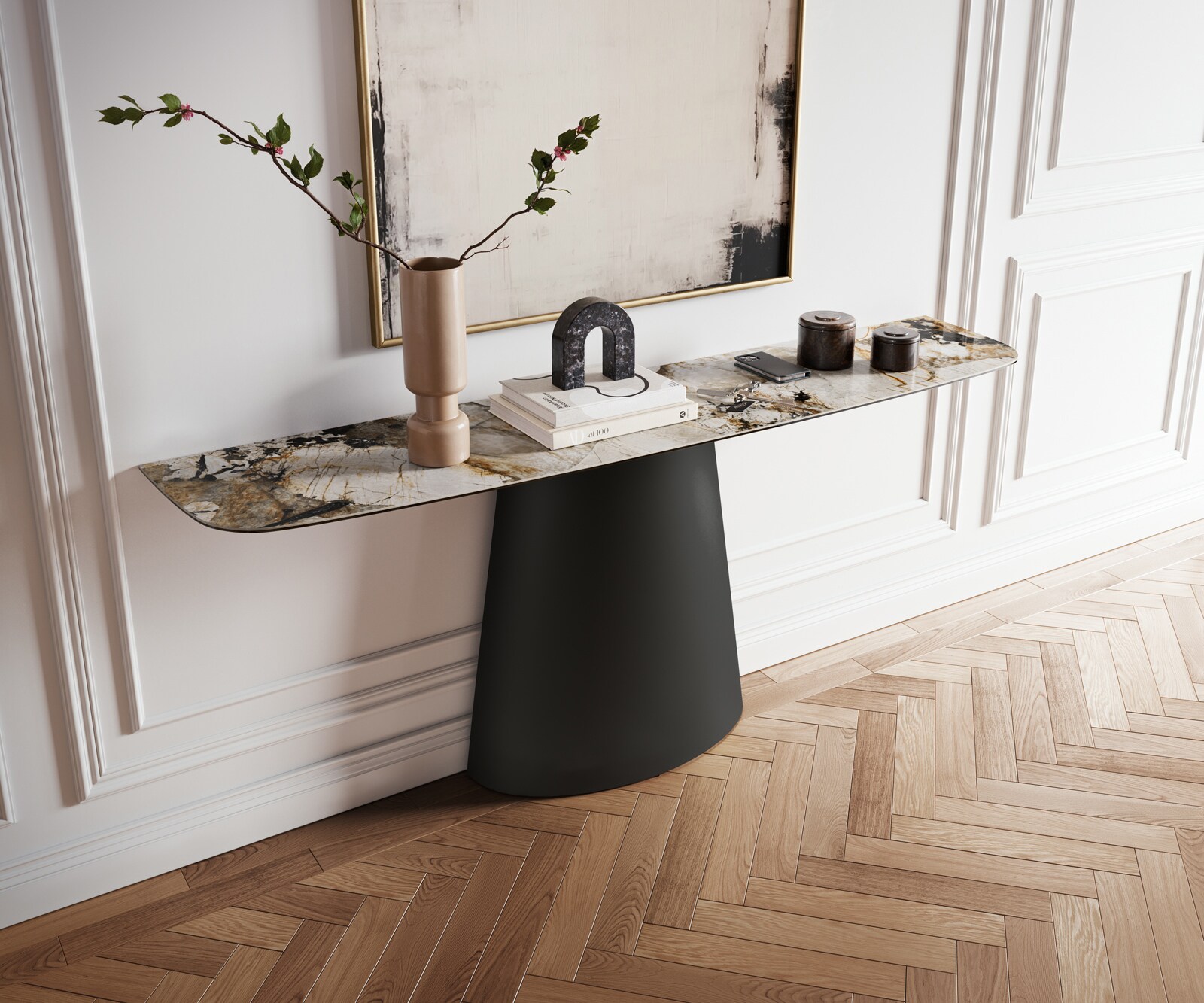 Console Edge forme bateau 180x40 cm Céramique Gris béton Conos Métal Noir 5