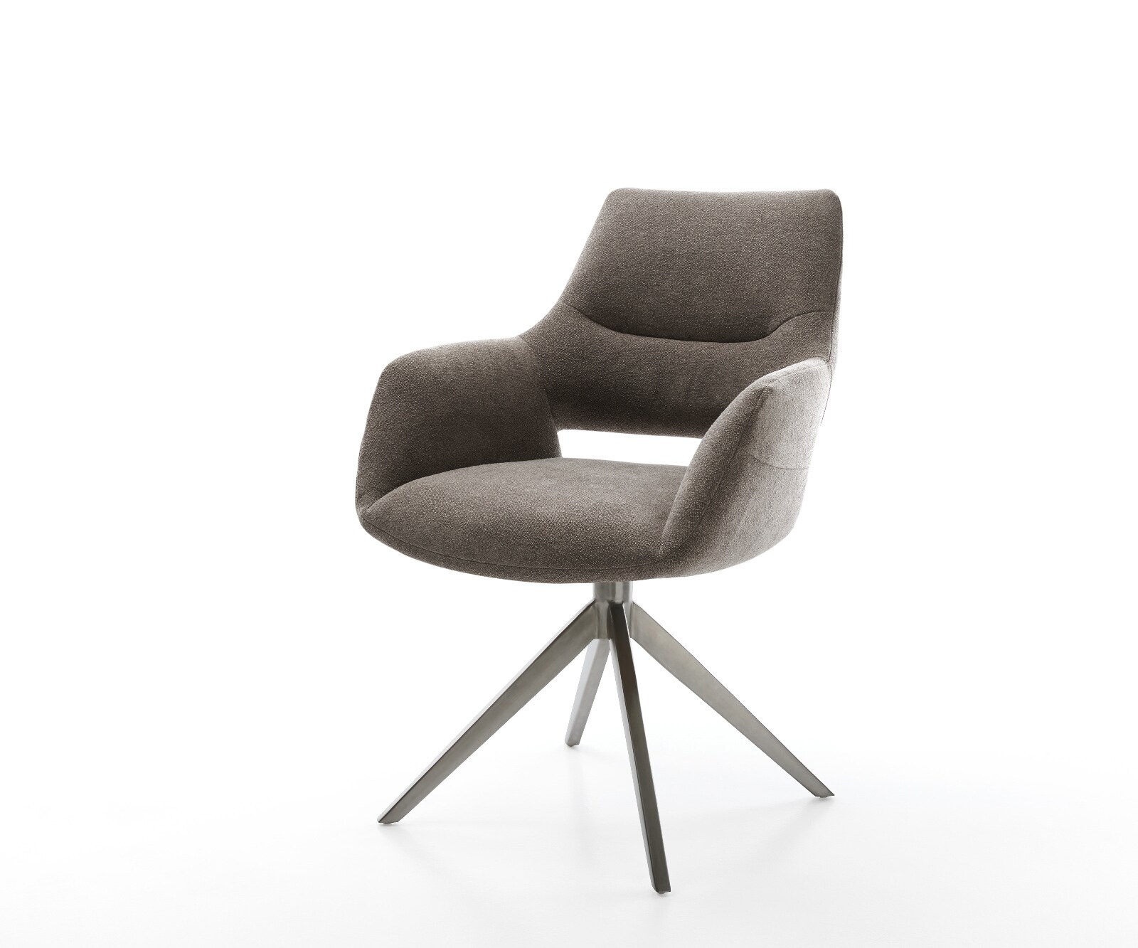 Chaise-pivotante Yago-Flex avec accoudoirs tissu structuré doux taupe pied croisé large grafiete pivotement sur 360° fonction bascule ressorts ensachés