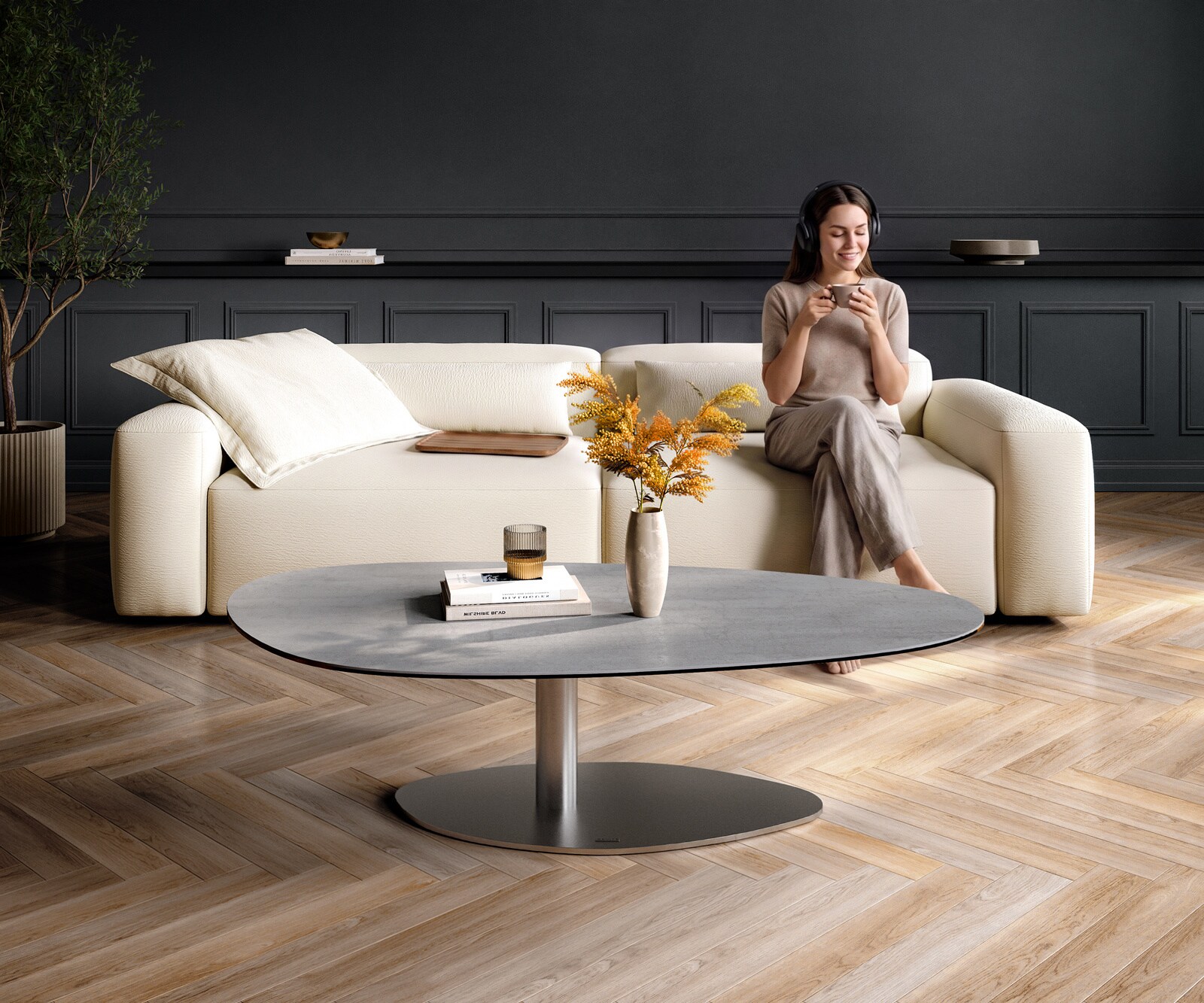 Couchtisch Edge Oval 140x75 cm Keramik Beton Grau Vibany Edelstahl gebürstet 1