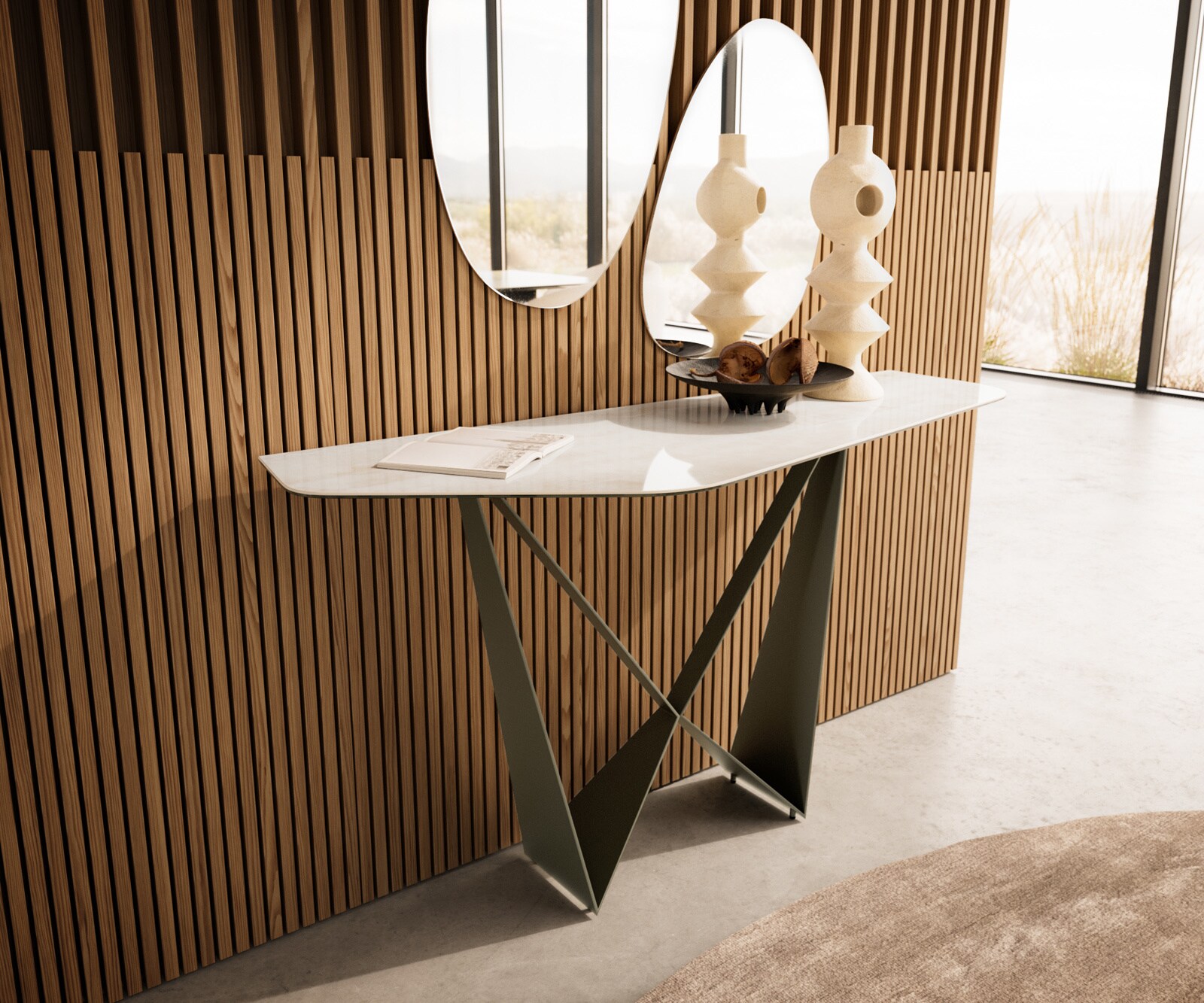 Konsolentisch Edge Polygonal 140x50 cm Keramik Onyx Champagne Spios Metall Effektfinish Titan 1