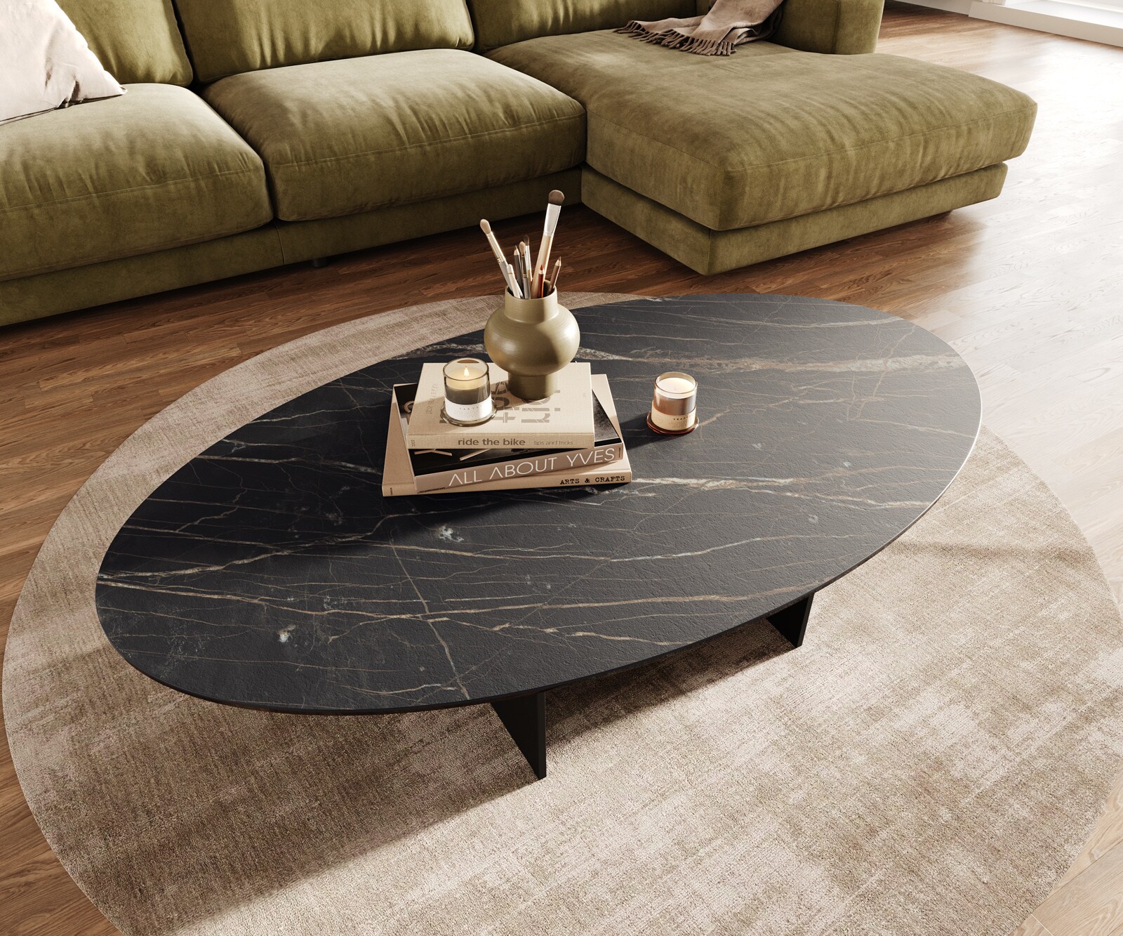 Couchtisch Edge Oval 140x80 cm Keramik Laminam® Noir Desir Braun Salto Metall Schwarz 3