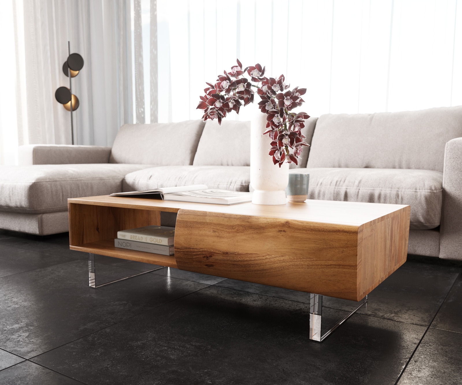 Table-basse New Live-Edge 115x60 cm acacia naturel 2 tiroirs 1 compartiment pied acrylique Table-basse New Live-Edge 115x60 cm acacia naturel 2 tiroirs 1 compartiment pied acrylique