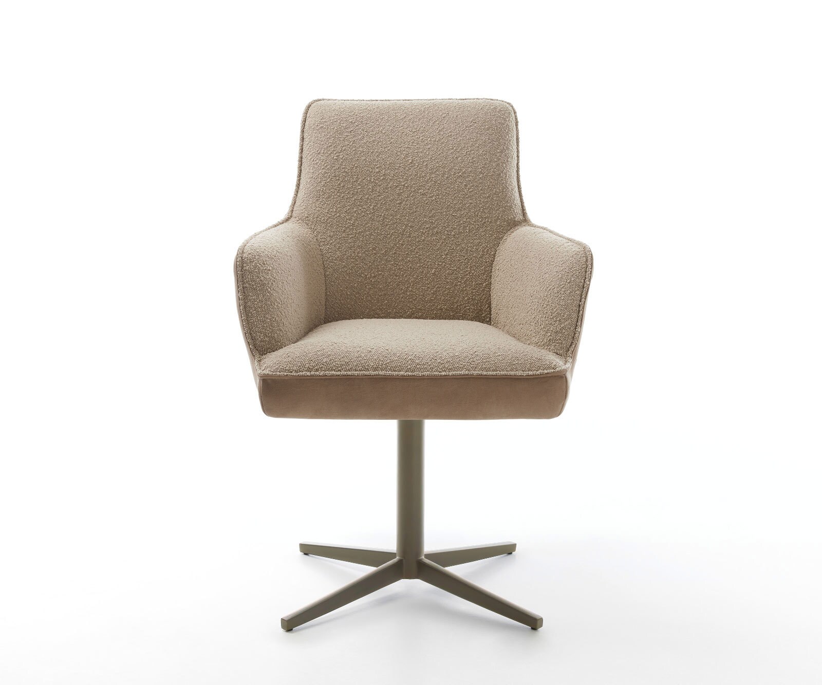 Chaise-pivotante Heira-Flex avec accoudoirs tissu mixte couleur boue pied de chaise 4 branches aspect titane pivotement sur 360° ressorts ensachés 1
