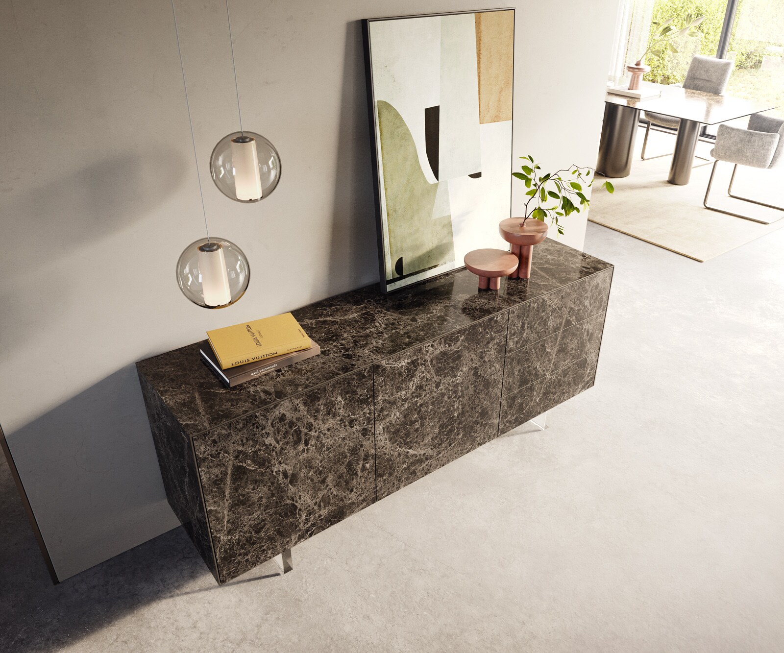 Sideboard Cuor 180 cm Keramik Laminam® Emperador Extra Lucidato Dunkelbraun 2 Türen 3 Schubfächer Fuß Schwebeoptik Acrylglas 3