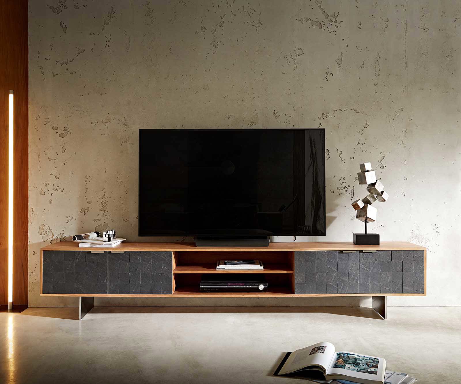 Meuble-TV Teele 240 cm acacia naturel ardoise 4 portes pied flottant inoxydable 1