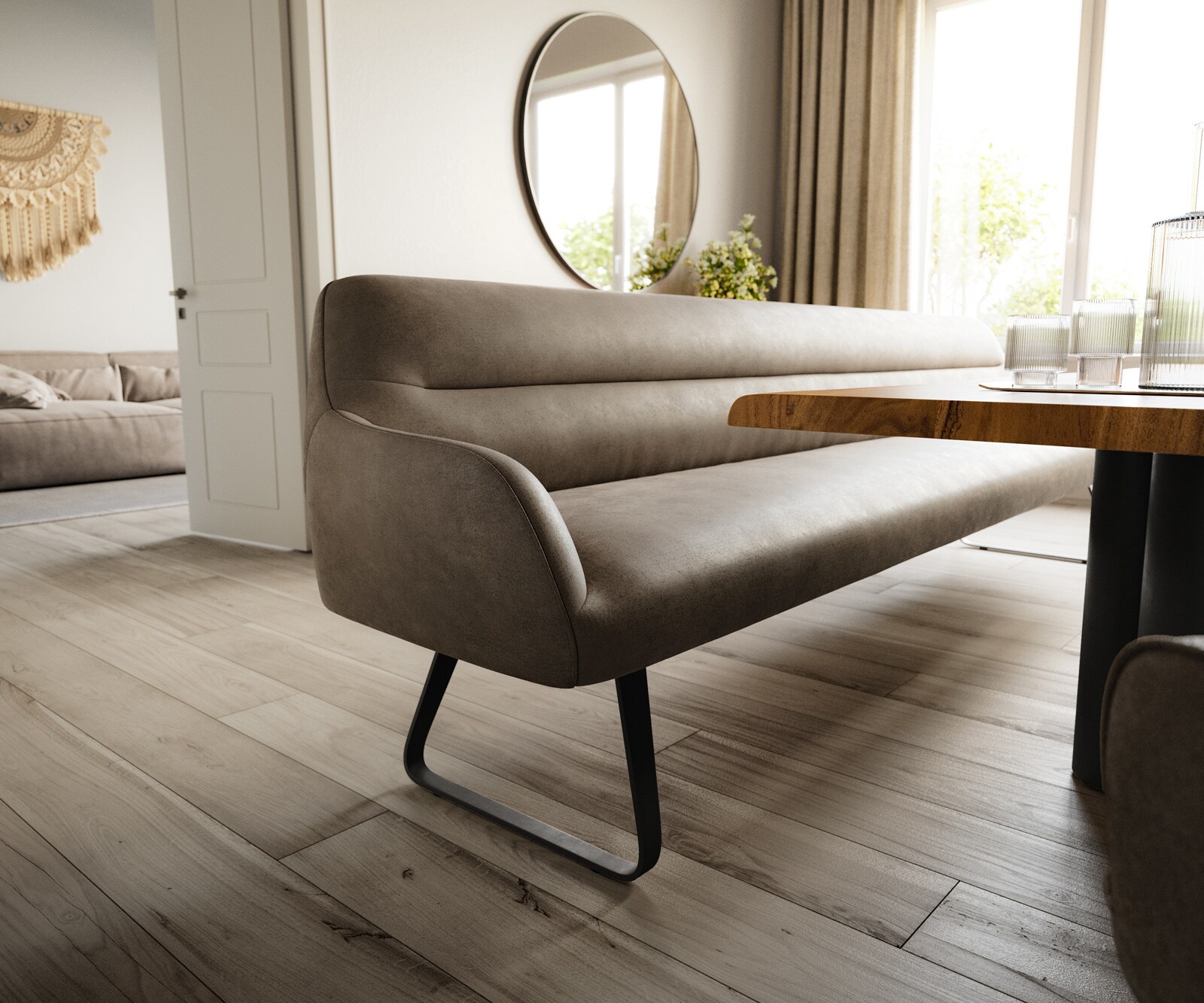 Banc-de-salle-à-manger Taya-Flex 300 cm microfibre taupe vintage châssis à patins plat noir ressort ensaché 4