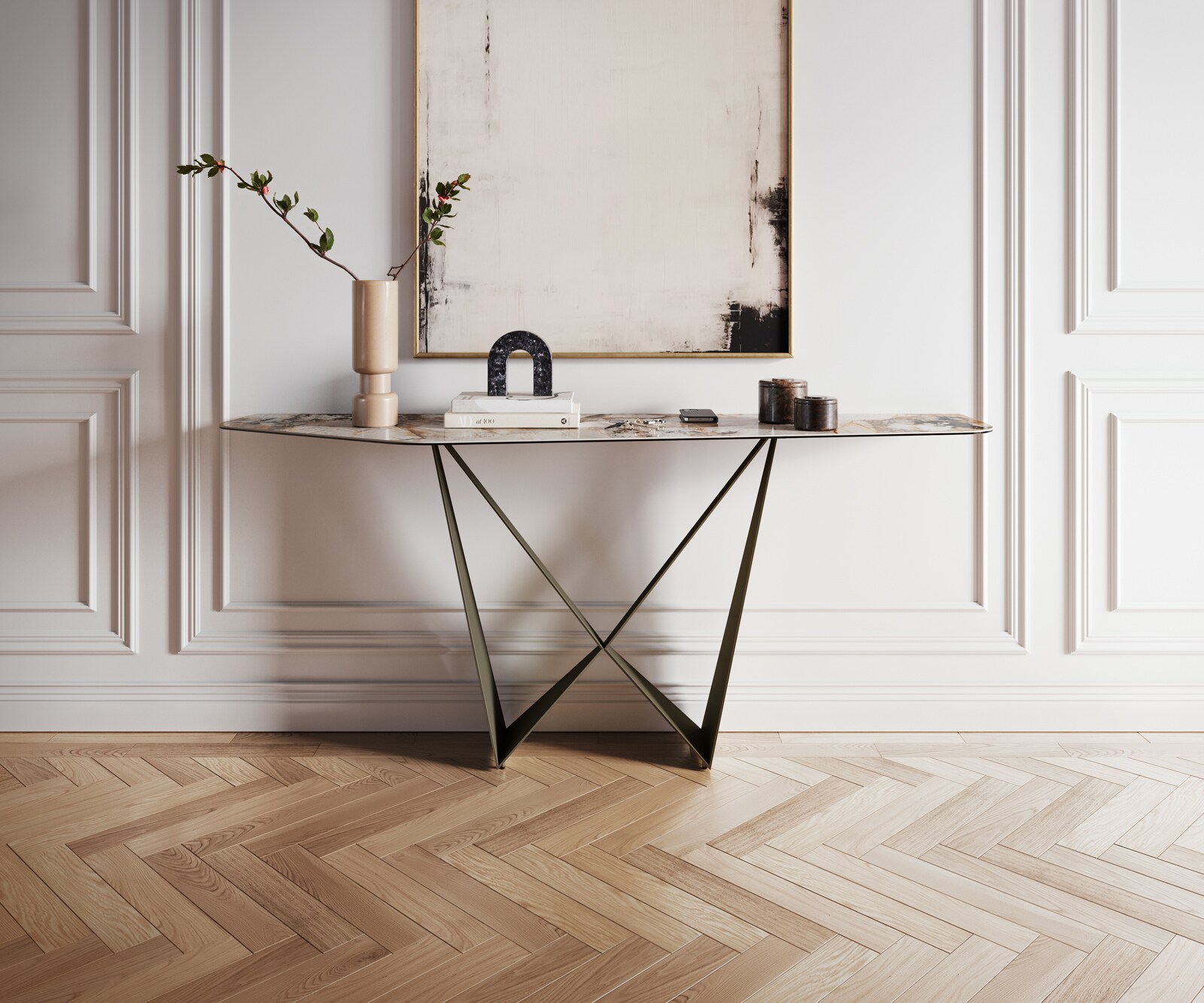 Console Edge Polygonal 180x50 cm Céramique Patagonia Poliert Spios Métal Effektfinish Titan 4