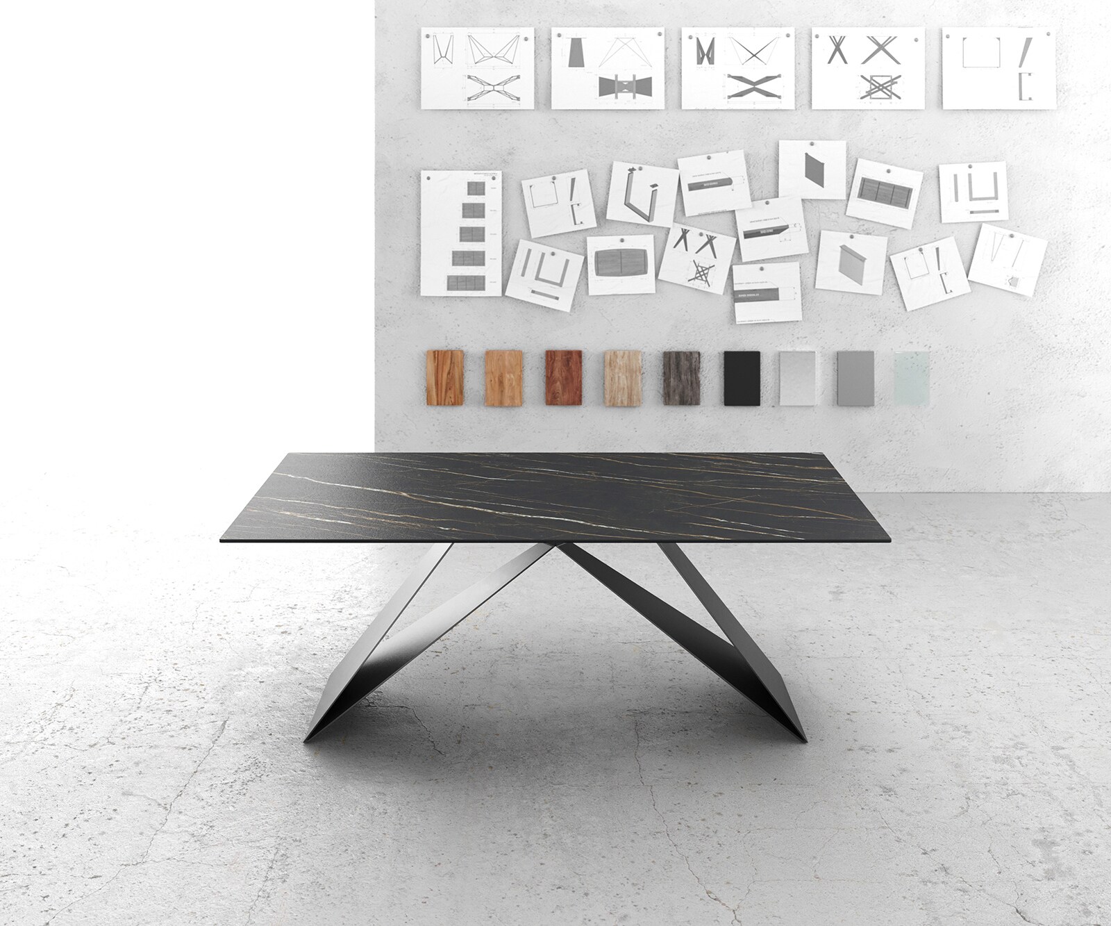 Table-à-manger Edge 200x100cm Laminam® céramique marron V-pieds milieu noir 2