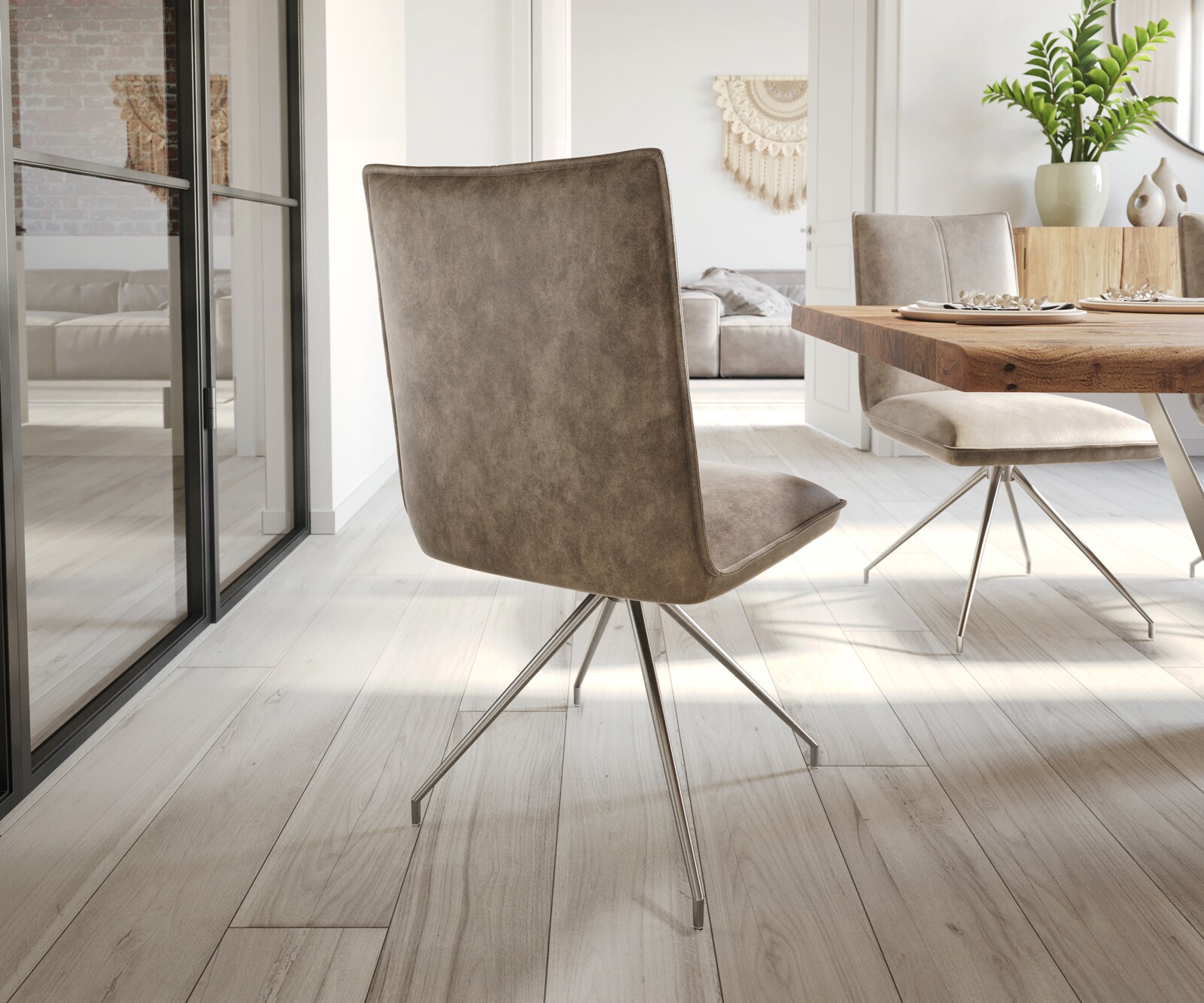 Chaise-de-salle-à-manger Lelio-Flex microvelours taupe vintage pied croisé conique acier inoxydable brossé ressorts ensachés 4
