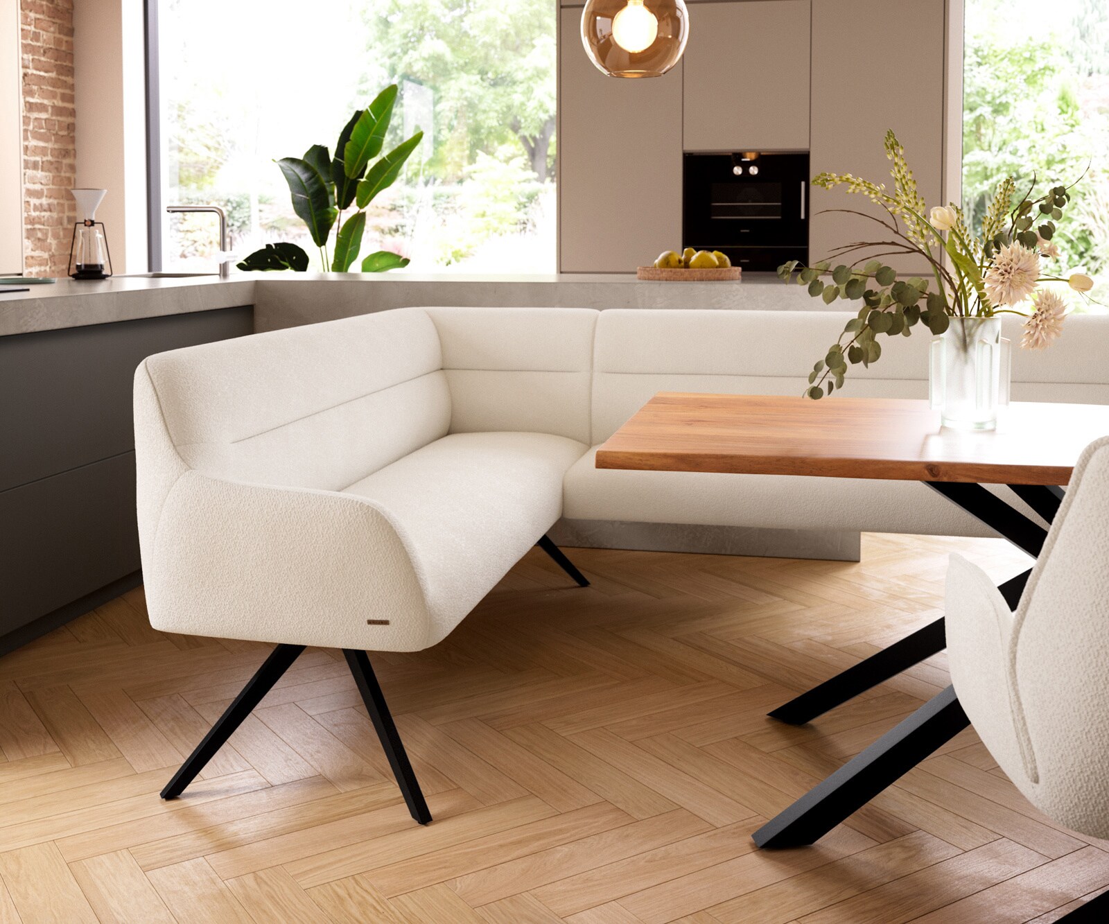 Esszimmerbank Taya-Flex 285x190 cm Bouclé Creme-Weiß Kreuzgestell kantig Schwarz Taschenfederkern Rechts 4