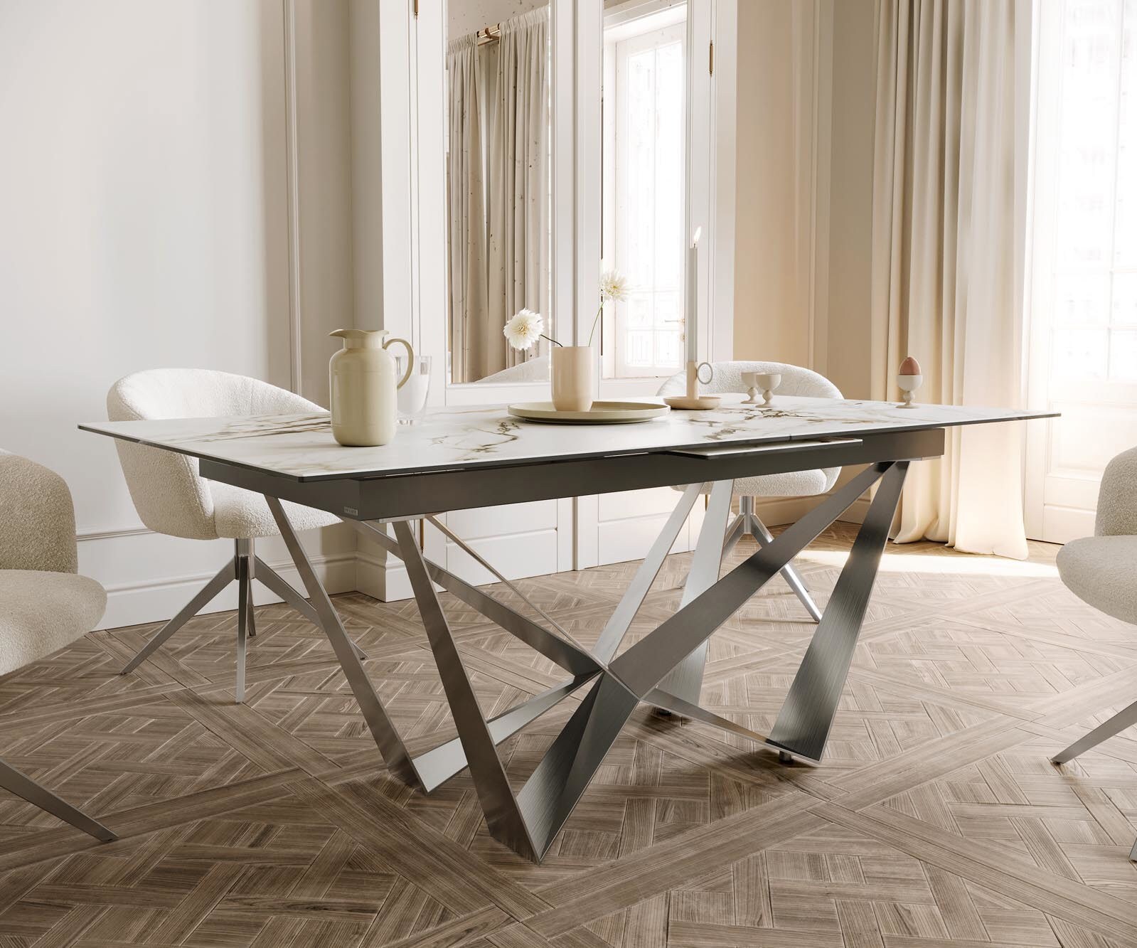 Esstisch Edge 180-220x100 Keramik Calacatta Luxe Weiß-Gold-Grau Spider Flachstahl Edelstahl ausziehbar 5