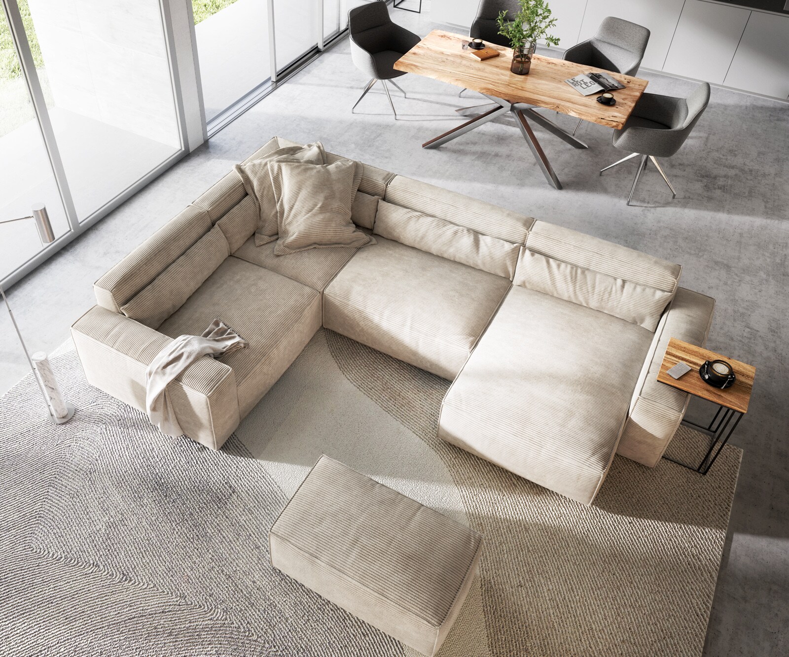 Wohnlandschaft Sirpio 300x200 cm Cord Beige Recamiere variabel mit Hocker 3